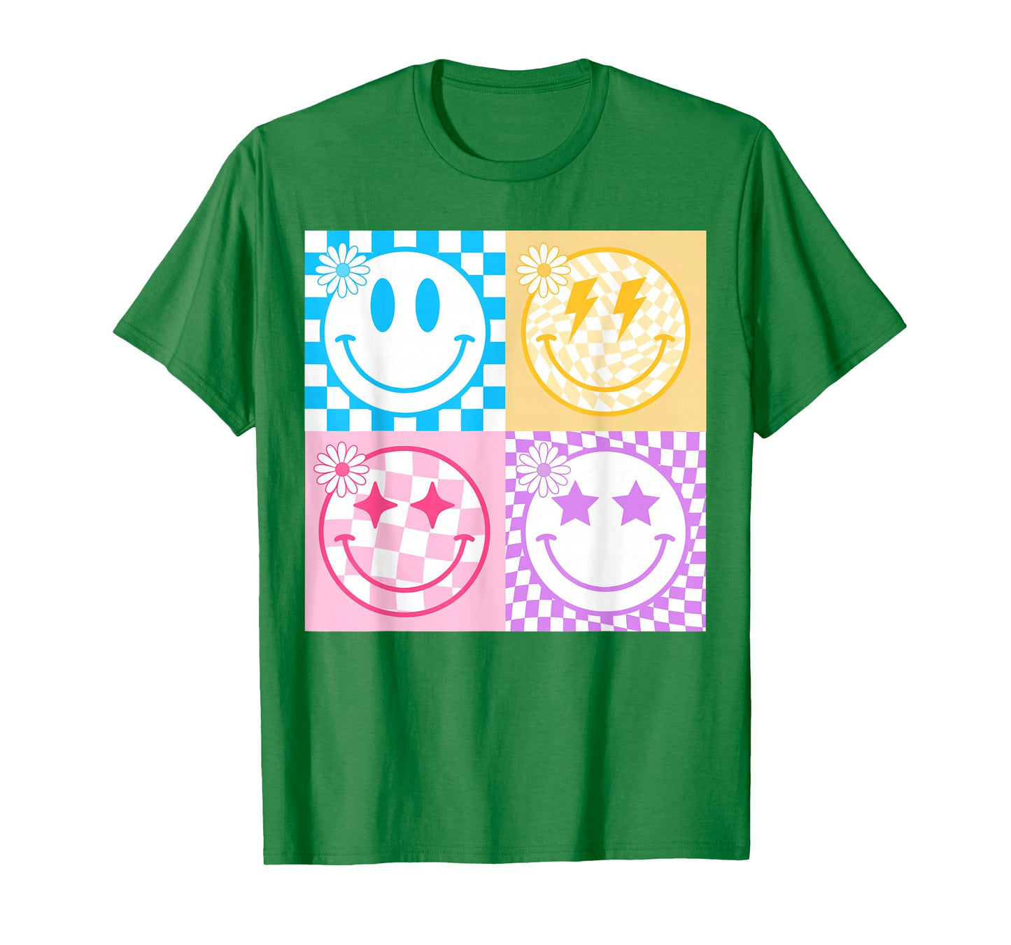 Retro Happy Smile Face Checkered Pattern Vibes Trendy Girls T-Shirt