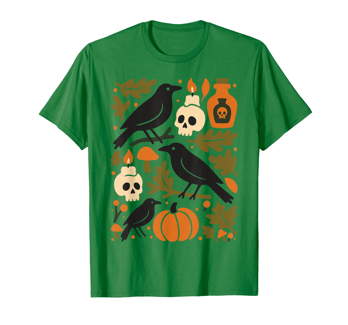 Halloween Ravens Skulls Pumpkin Autumn Leaves Spooky Season T-Shirt