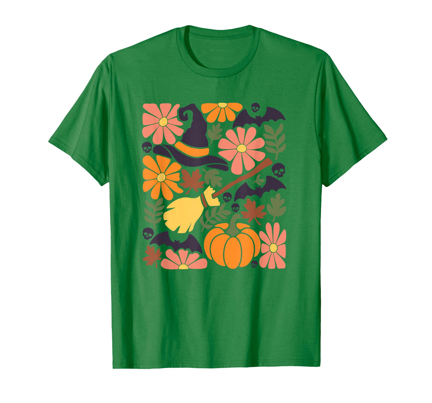 Halloween Boho Floral Witch Broom and Bats T-Shirt