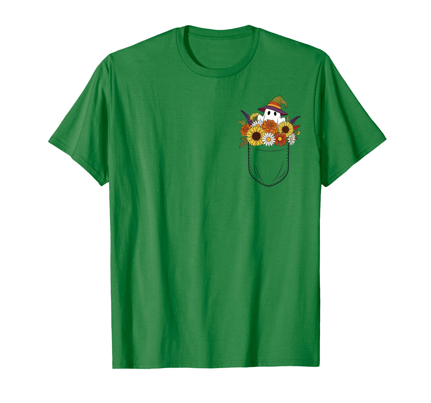 Cute Floral Pocket Ghost in Bouquet of Autumn Flowers T-Shirt