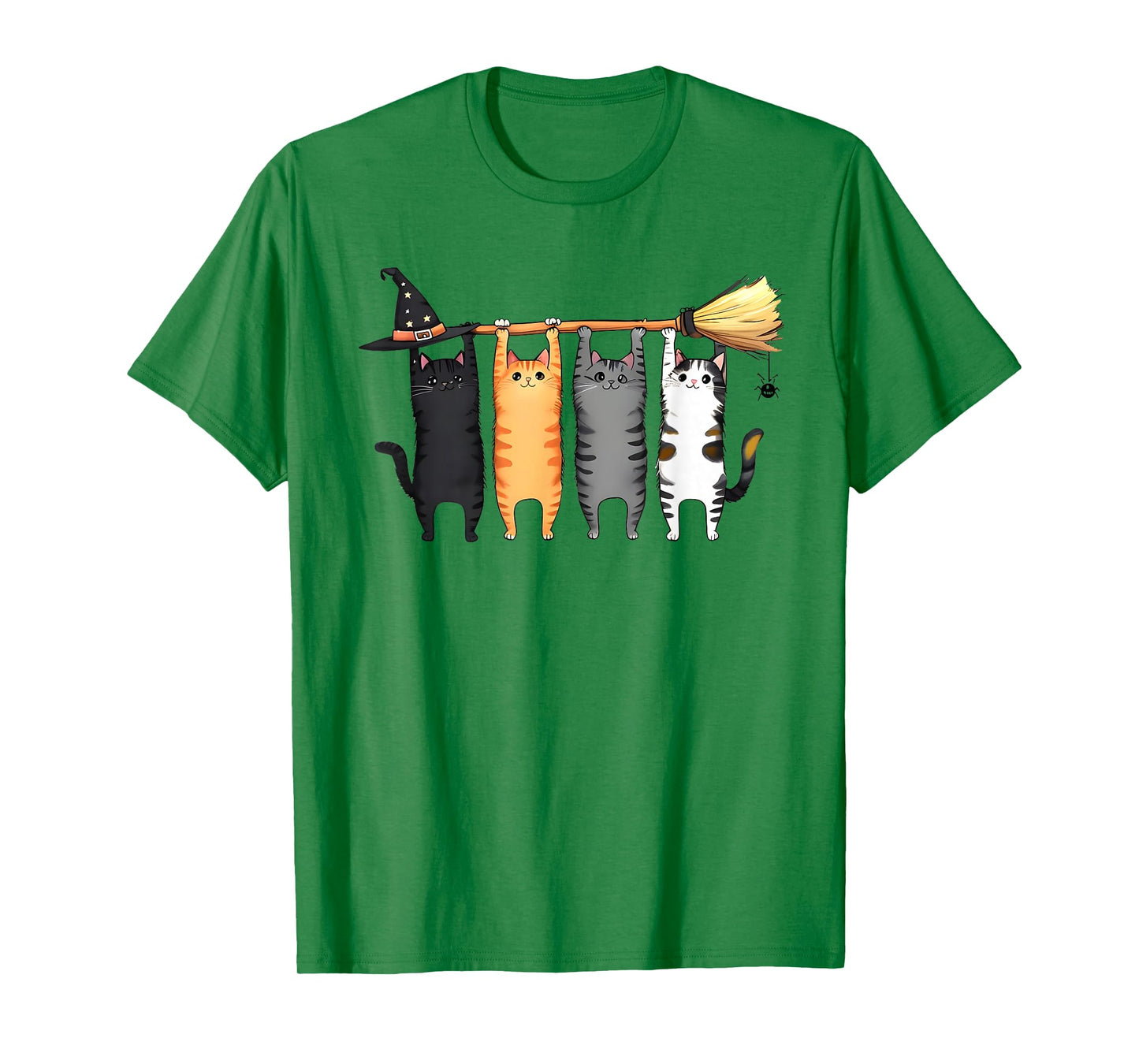 Cute Halloween Tabby Cat Witch Hat Broom T-Shirt