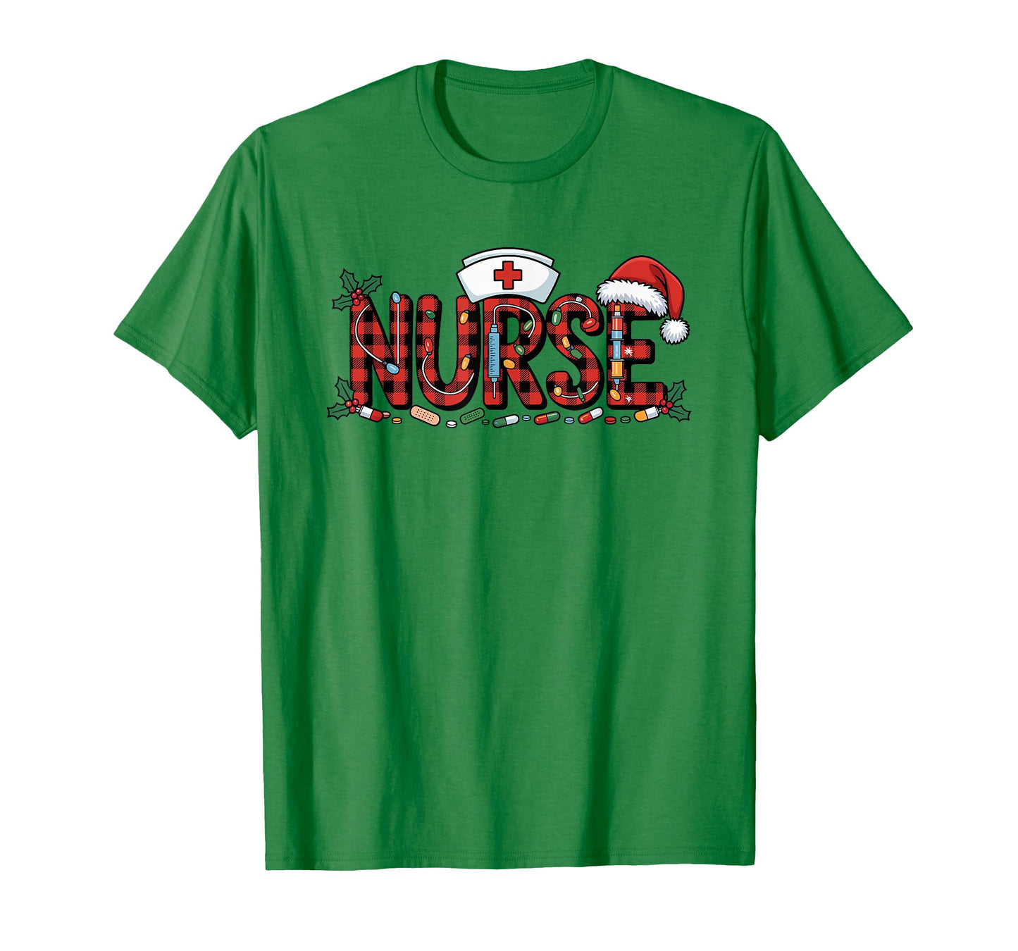 Christmas Nurse Buffalo Plaid Santa Hat Christmas Lights T-Shirt