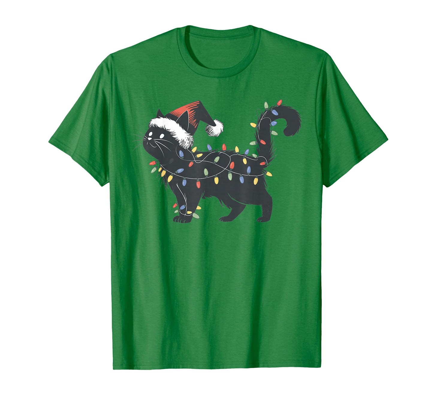 Cute Black Cat Christmas Lights Funny Holiday Santa Hat Cat T-Shirt