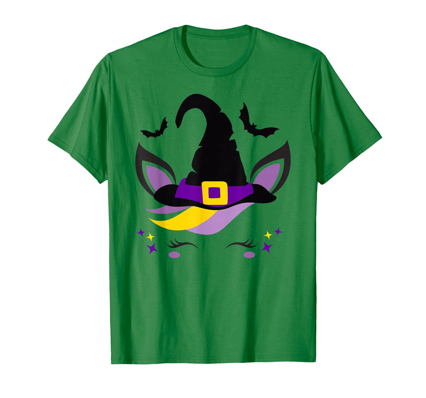 Unicorn Face Eyelashes Bat Scary Witch Hat Halloween Costume T-Shirt