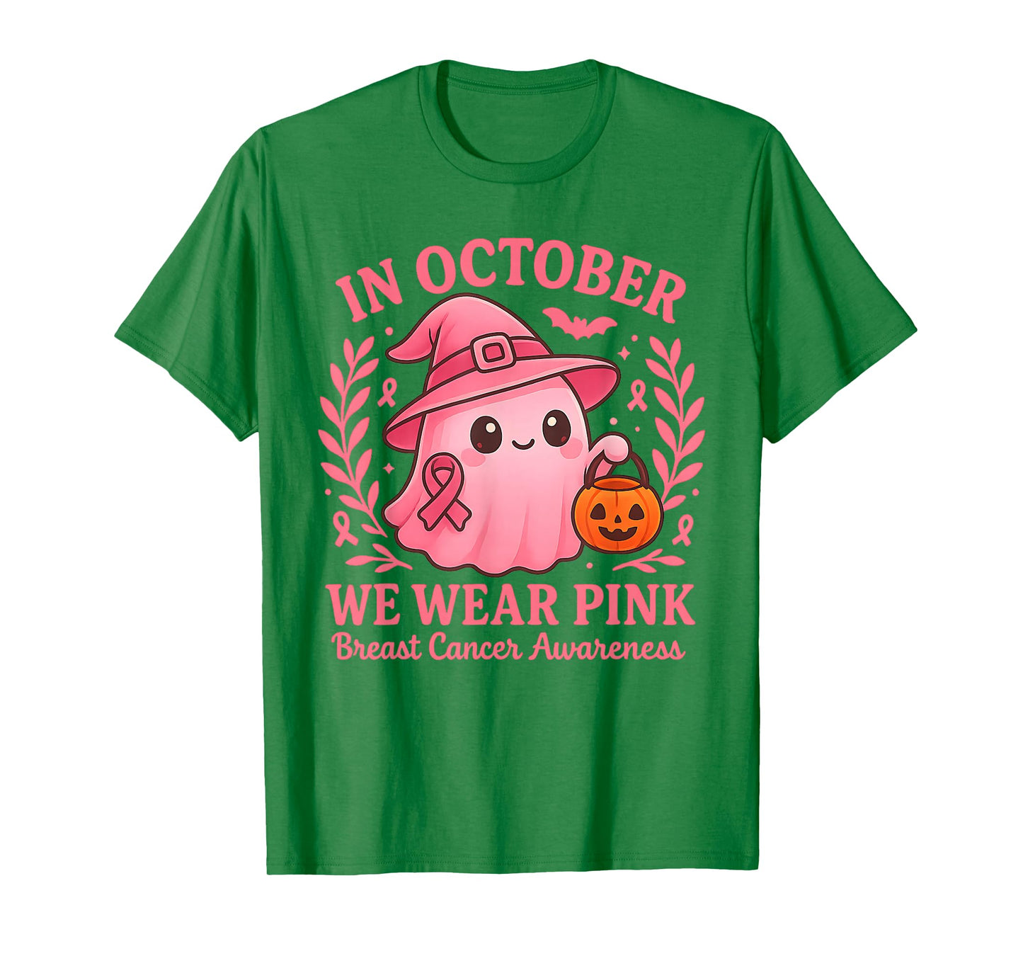 in October We Wear Pink Ghost Witch Breast Cancer Awareness T-Shirt