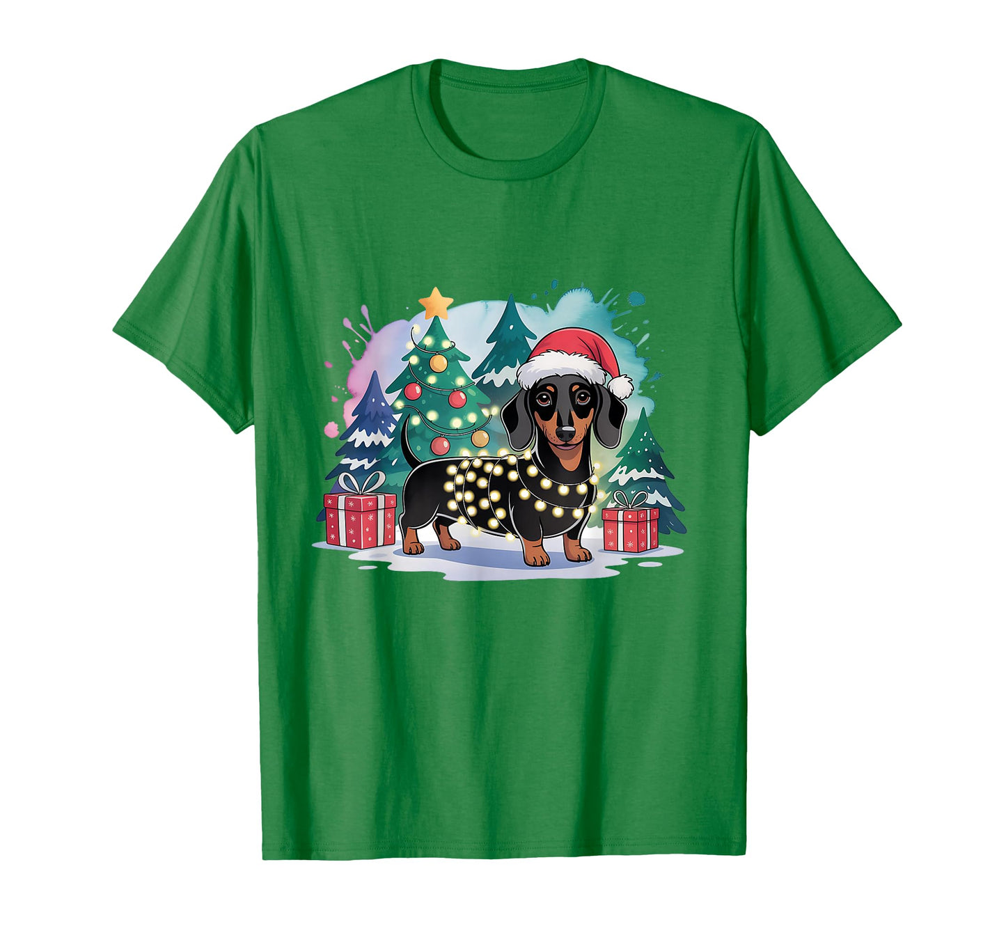 Cute Festive Dachshund Dog Santa Hat Christmas Tree Lights T-Shirt