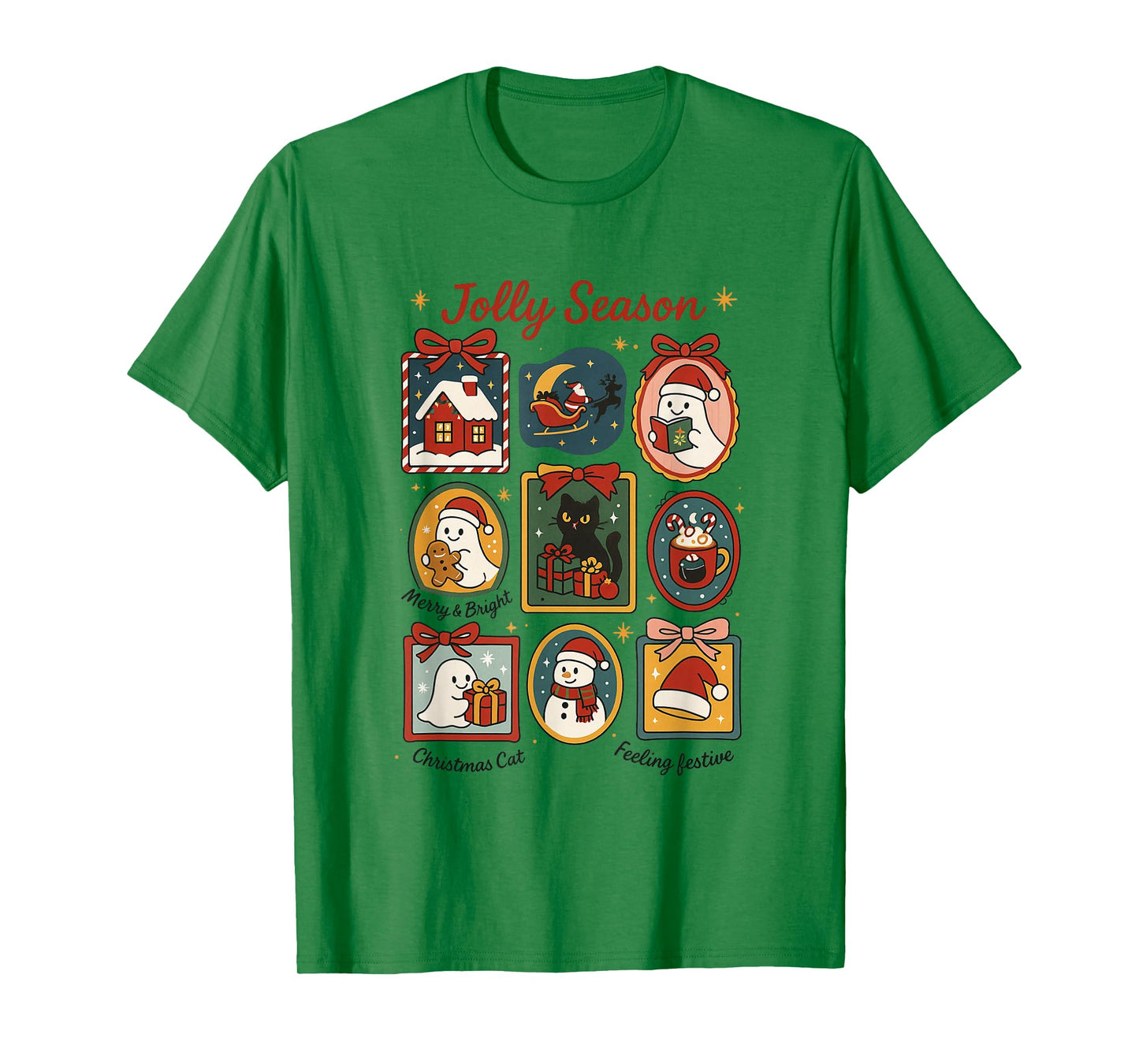 Jolly Season Ghost Cat Santa Christmas Frame Merry & Bright T-Shirt