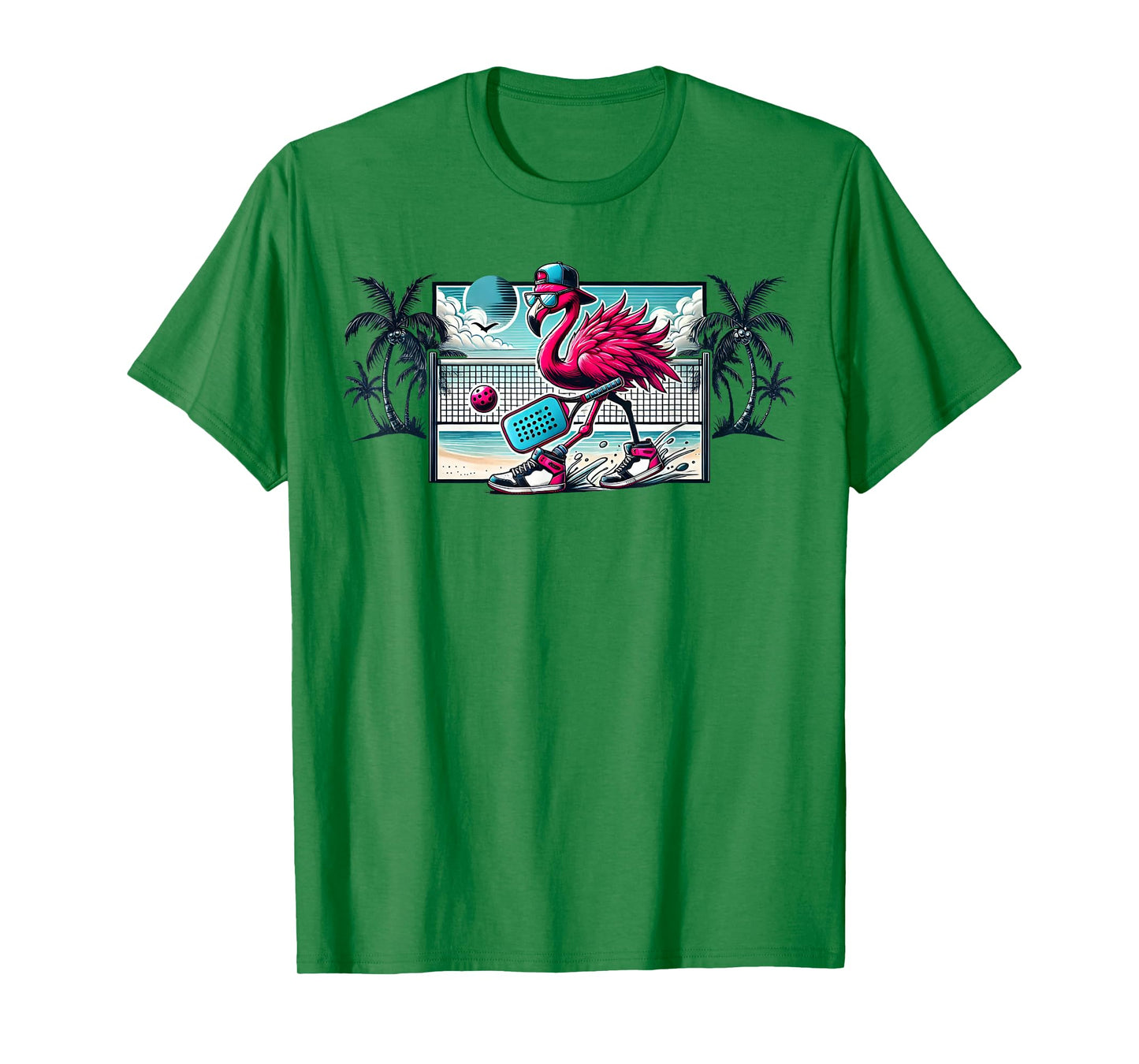 Flamingo Pickleball Beach Tropical Palm Trees Pickleball Fun T-Shirt