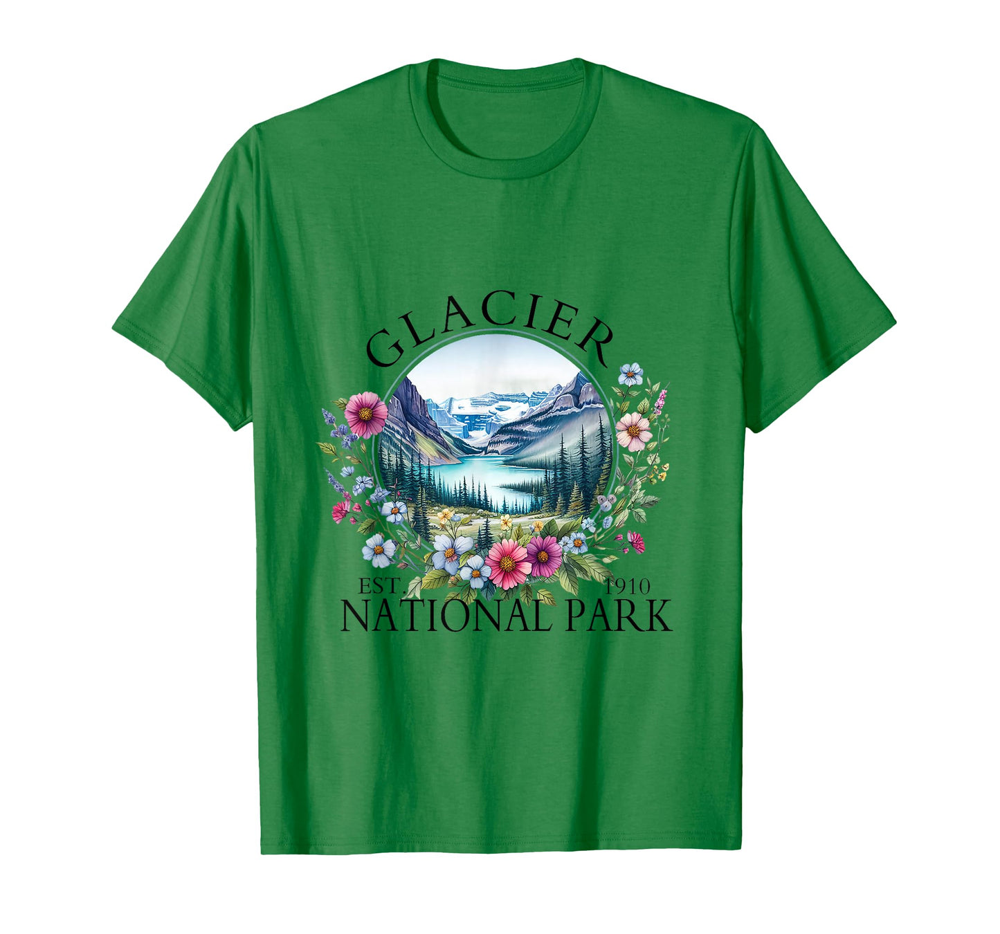 Retro Floral Glacier National Park Hiking Camping Outdoor T-Shirt