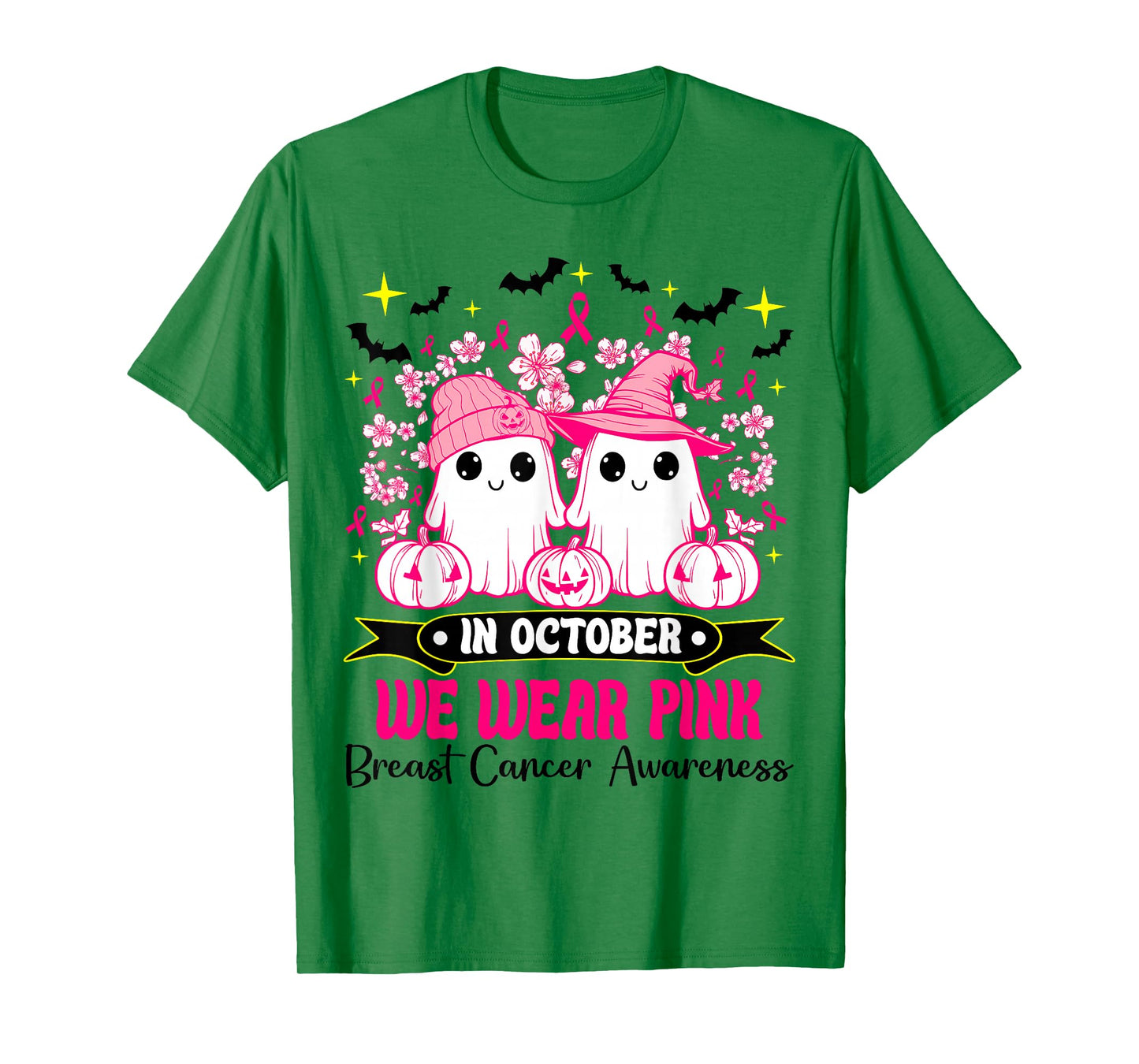 in October We Wear Pink Ghost Witch Breast Cancer Awareness T-Shirt