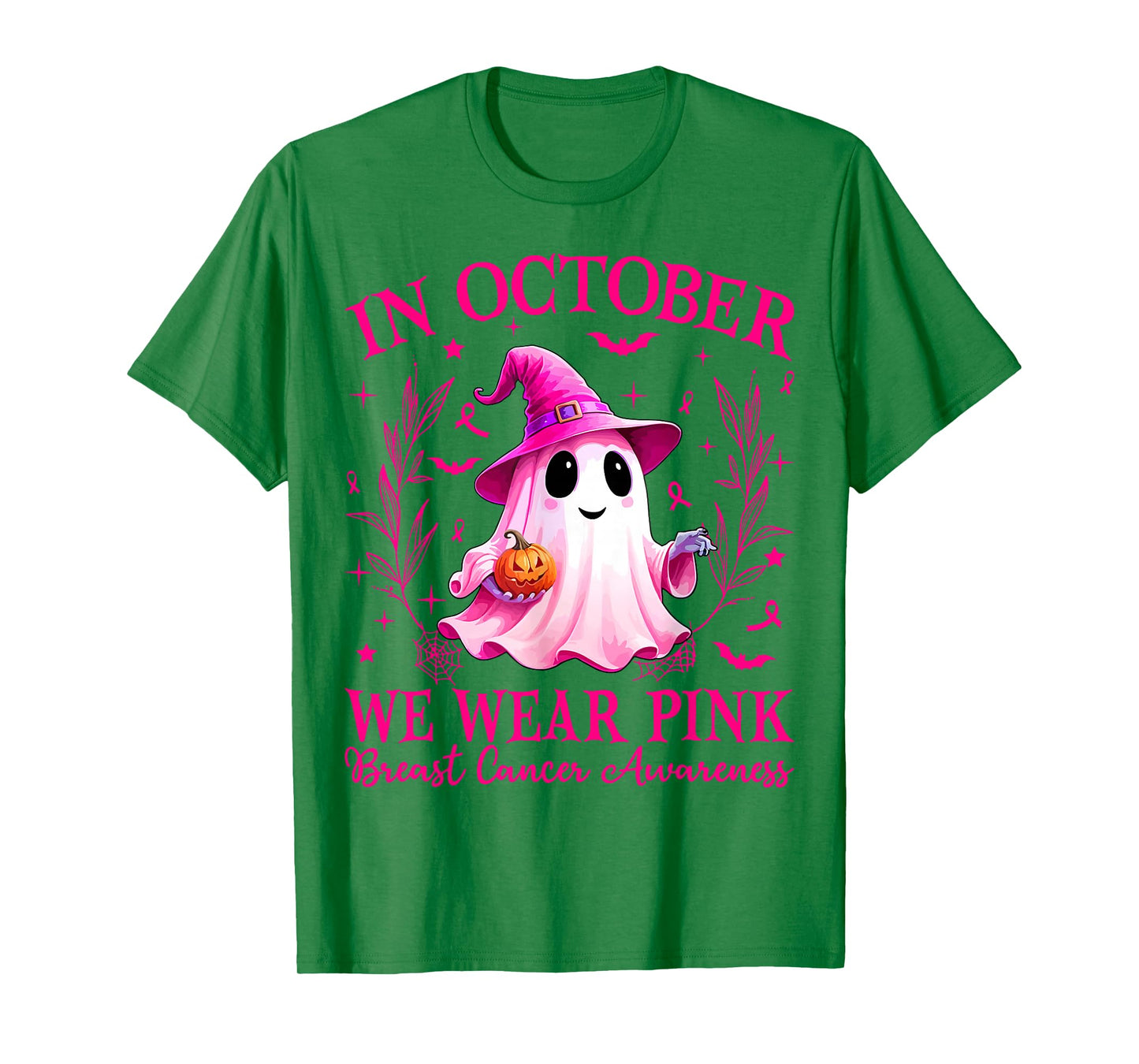in October We Wear Pink Ghost Witch Breast Cancer Awareness T-Shirt