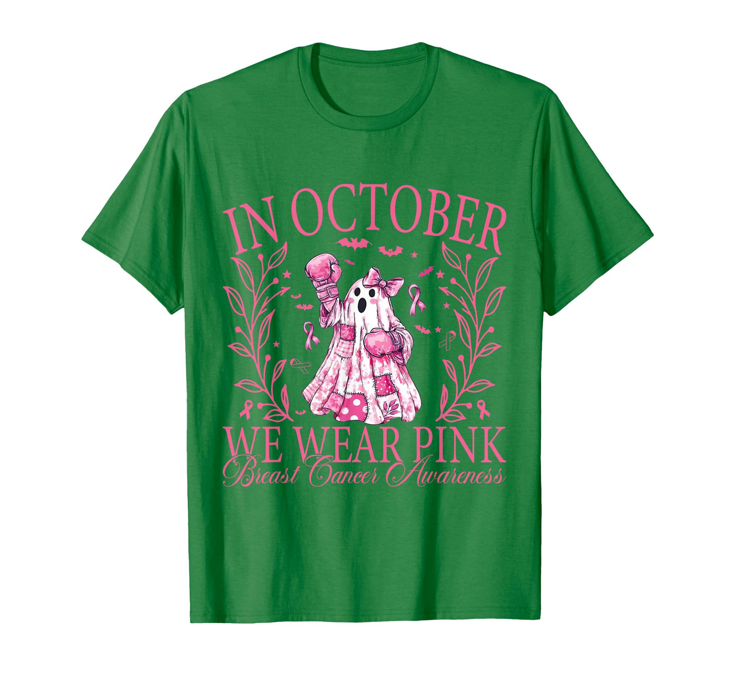 in October We Wear Pink Ghost Witch Breast Cancer Awareness T-Shirt