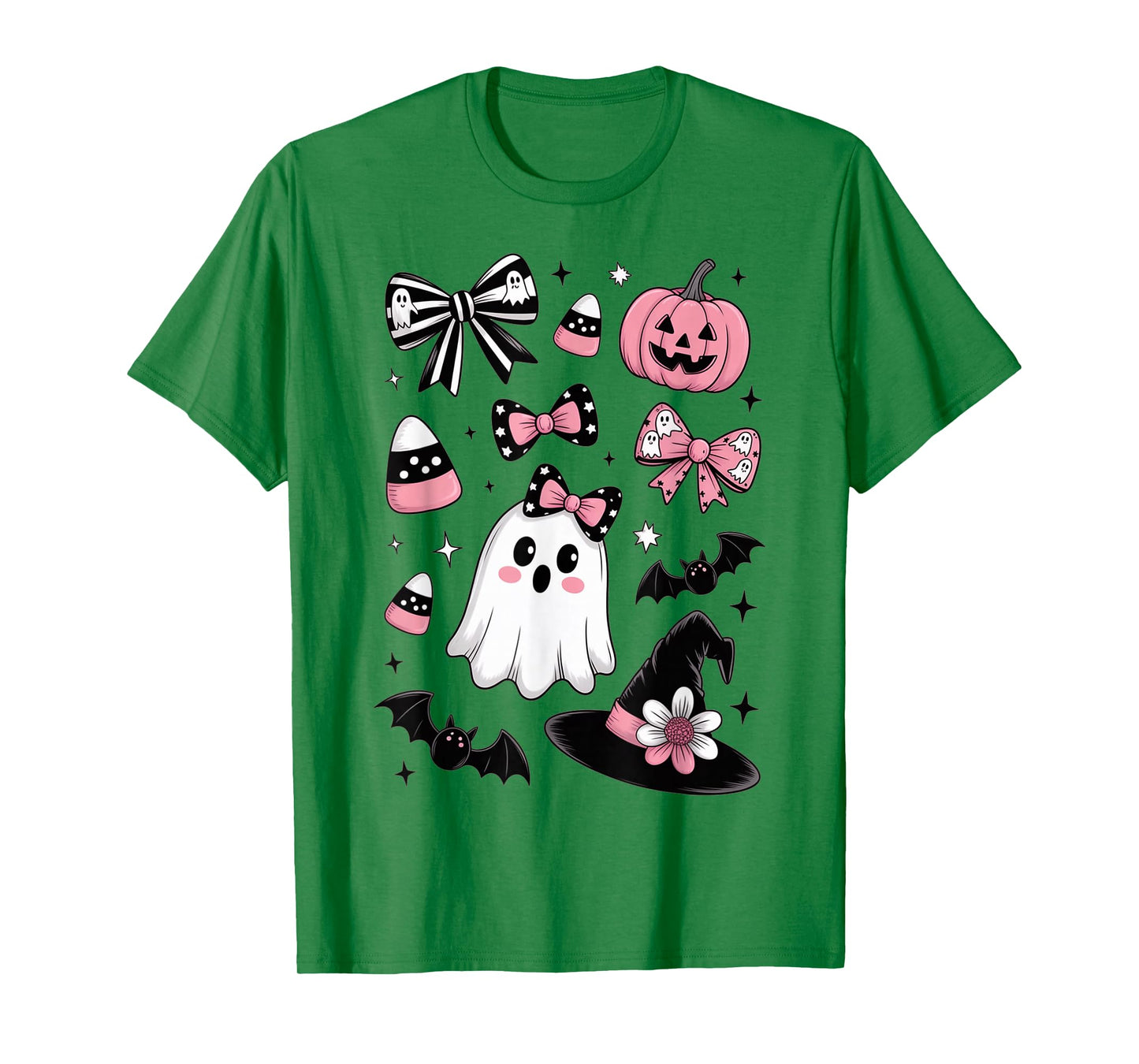Pink Halloween Doodles Ghost Witch Bow Bats Candy Kids Girls T-Shirt