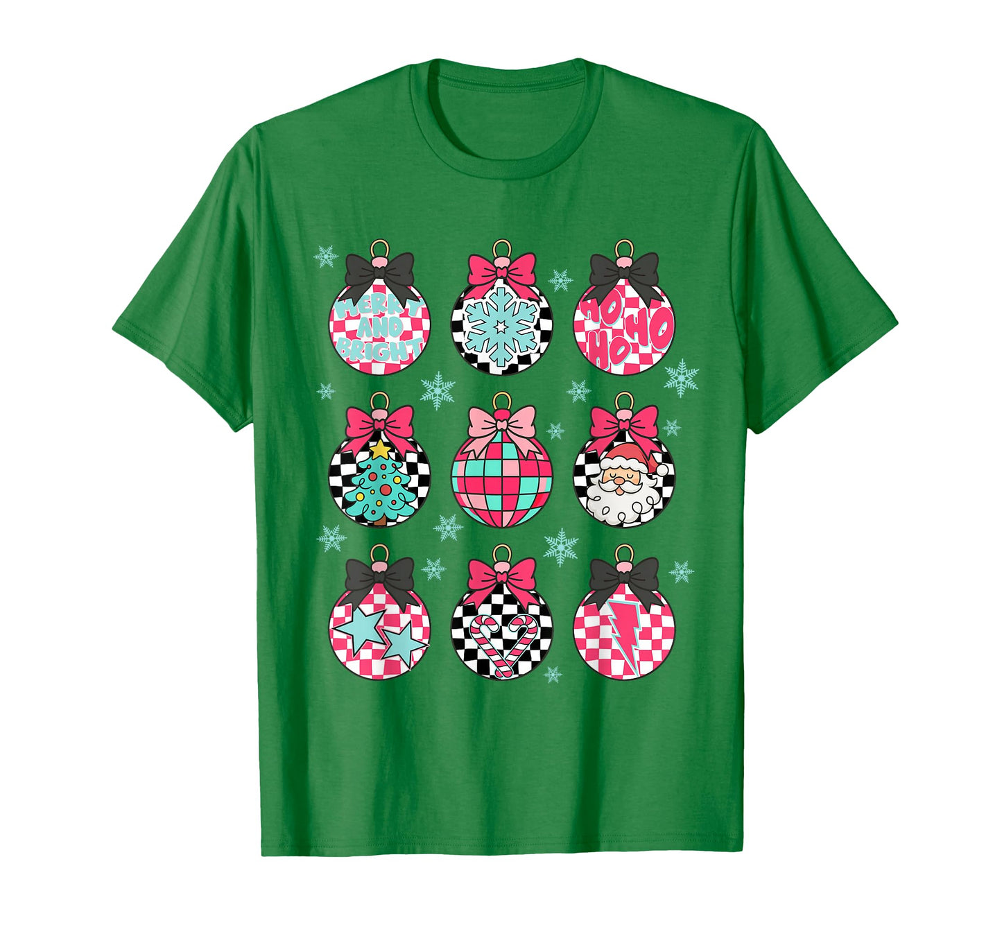 Christmas Balls Coquette Bow Merry Xmas Vibes Checkered T-Shirt