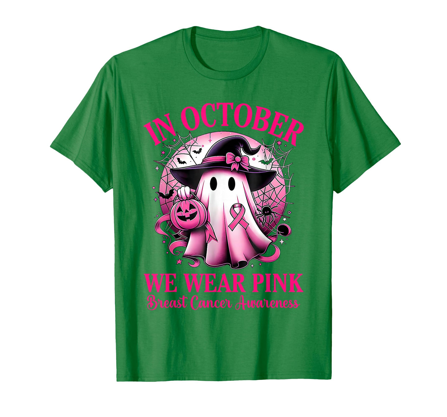 in October We Wear Pink Ghost Witch Breast Cancer Awareness T-Shirt