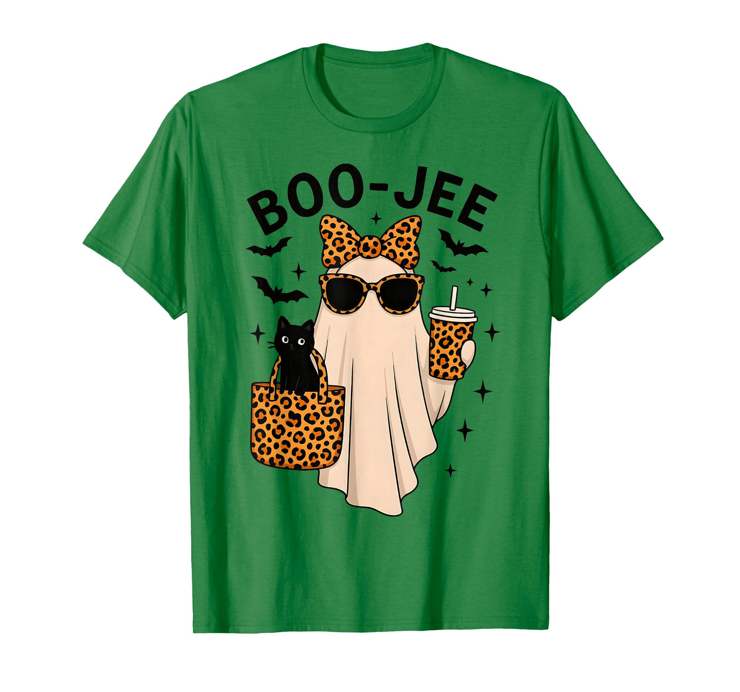 Coquette Leopard Ghost Coffee Boo-JEE Cute Cat Halloween T-Shirt