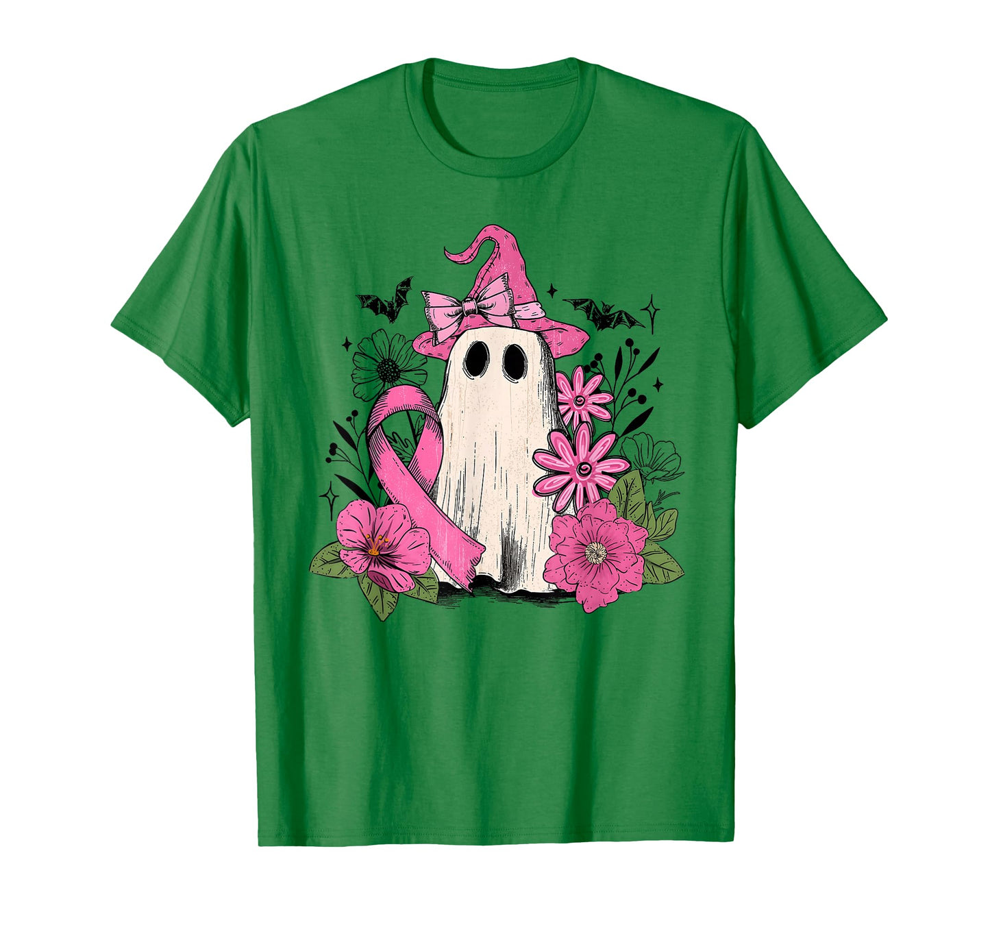 Pink Ribbon Floral Ghost Witch Breast Cancer Awareness T-Shirt