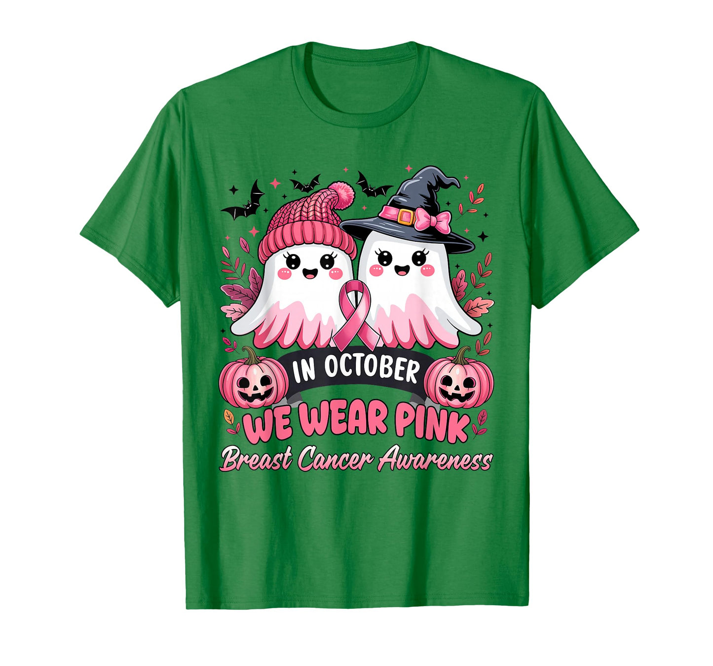 in October We Wear Pink Ghost Witch Breast Cancer Awareness T-Shirt