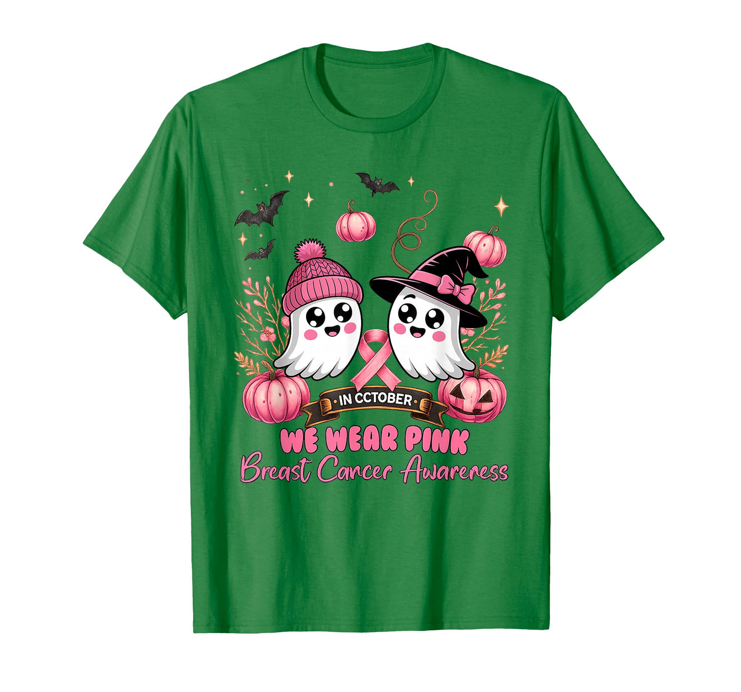 in October We Wear Pink Ghost Witch Breast Cancer Awareness T-Shirt