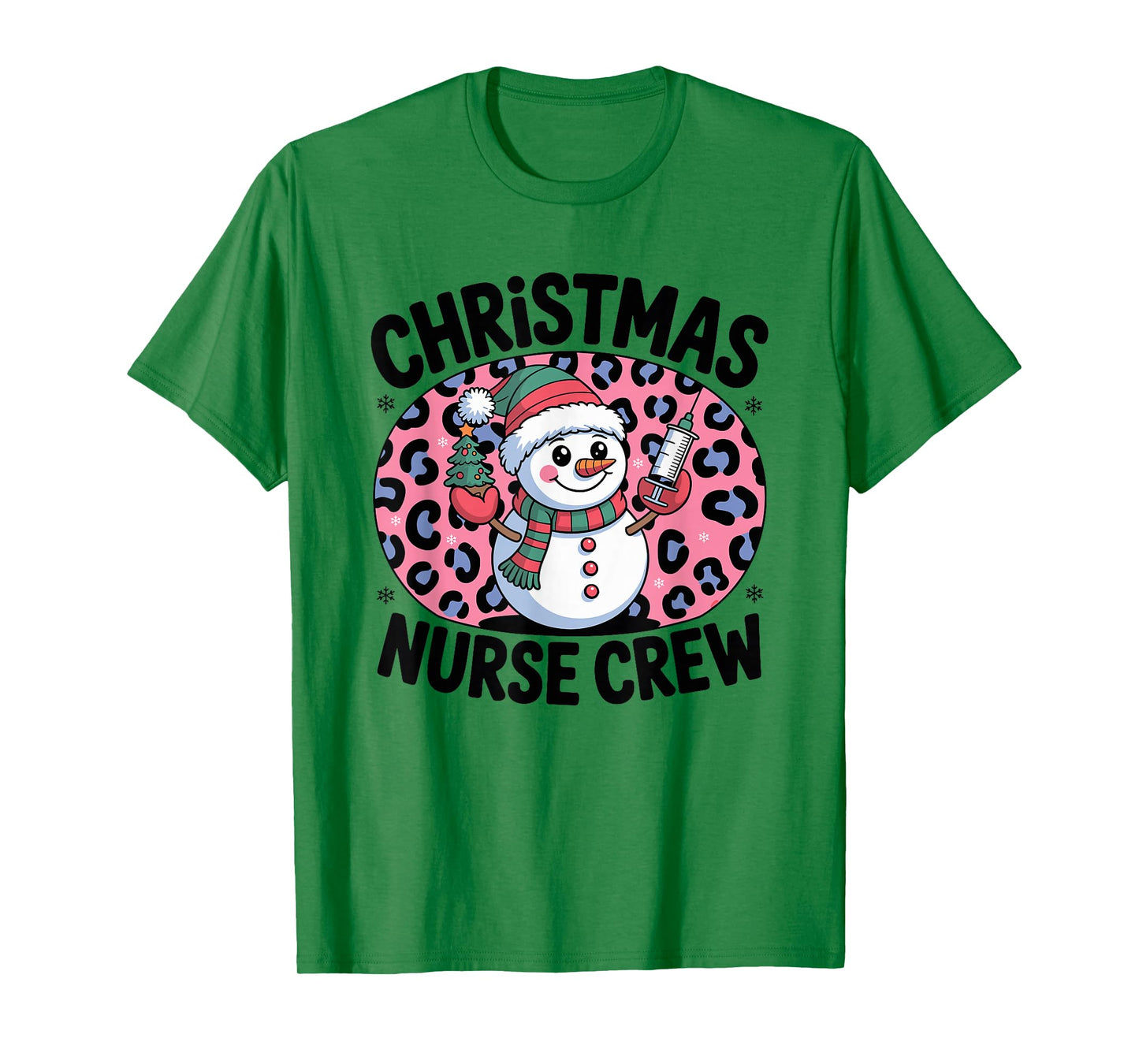 Nurse Christmas Crew Snowman Pink Leopard Print T-Shirt