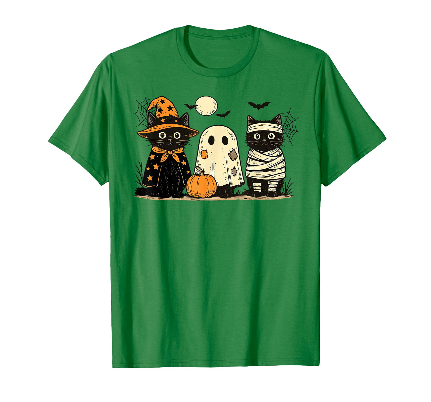 Retro Black Cat Witch Scary Halloween Pumpkin Women Men Kids T-Shirt