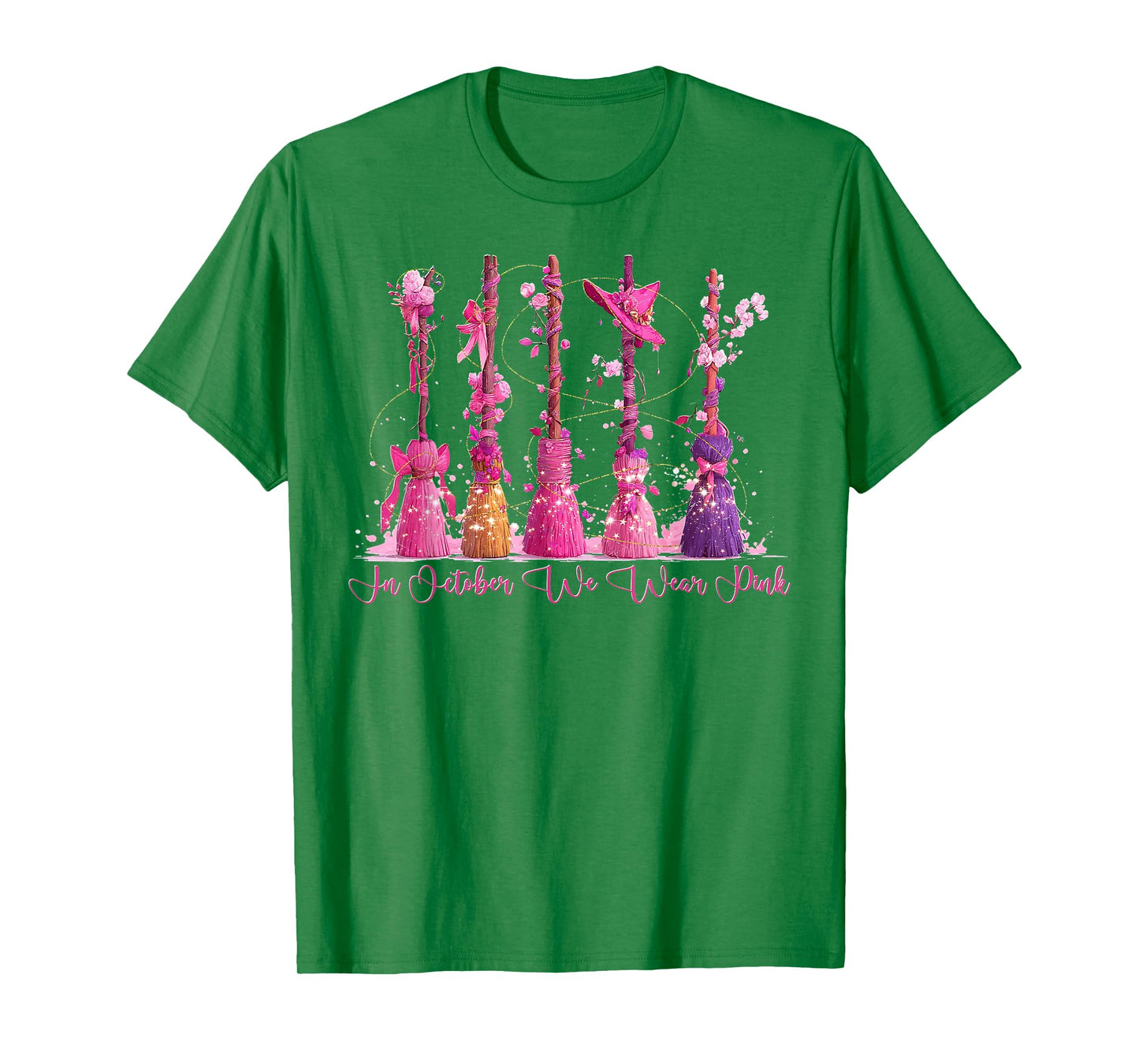 in October We Wear Pink Witches Brooms Spooky Breast Cancer T-Shirt