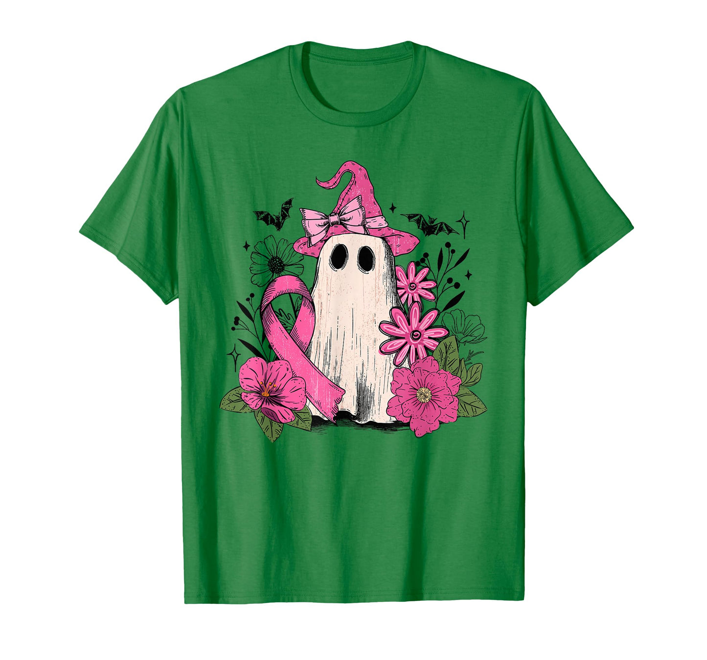 Retro Floral Pink Ghost Witch Breast Cancer Halloween Women T-Shirt