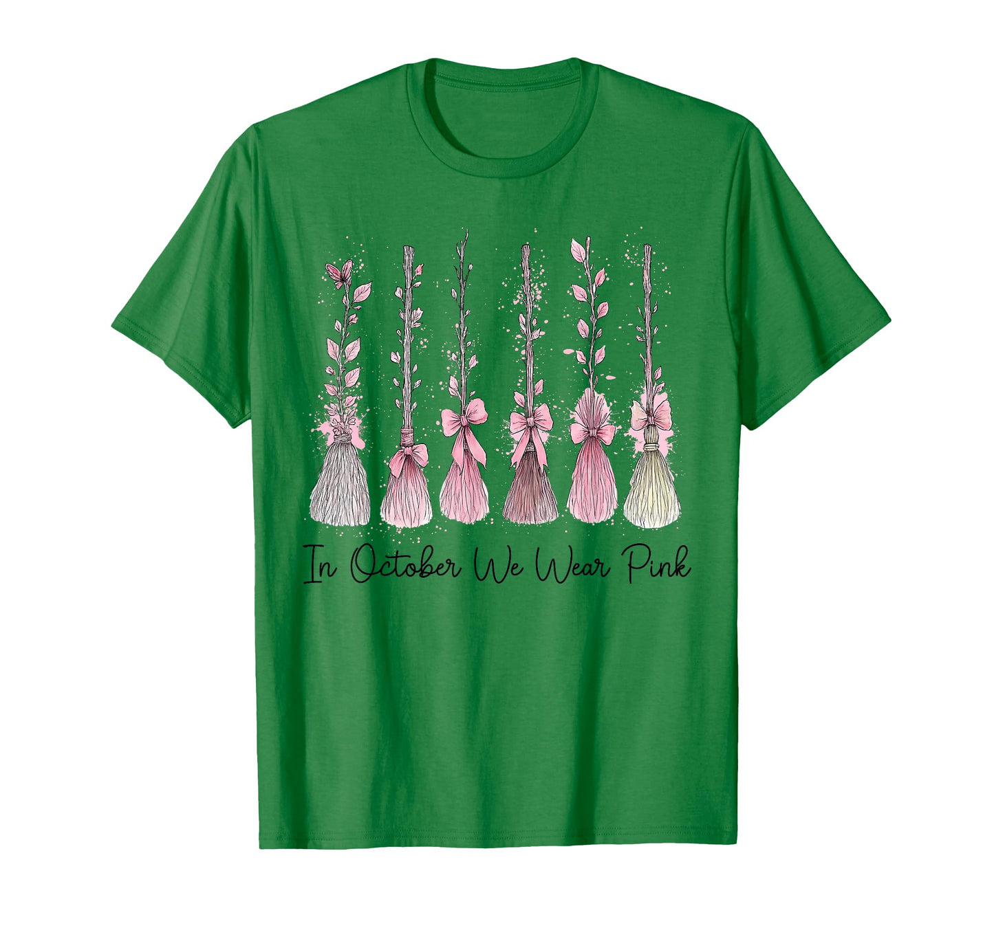 in October We Wear Pink Witch Broom Halloween Breast Cancer T-Shirt