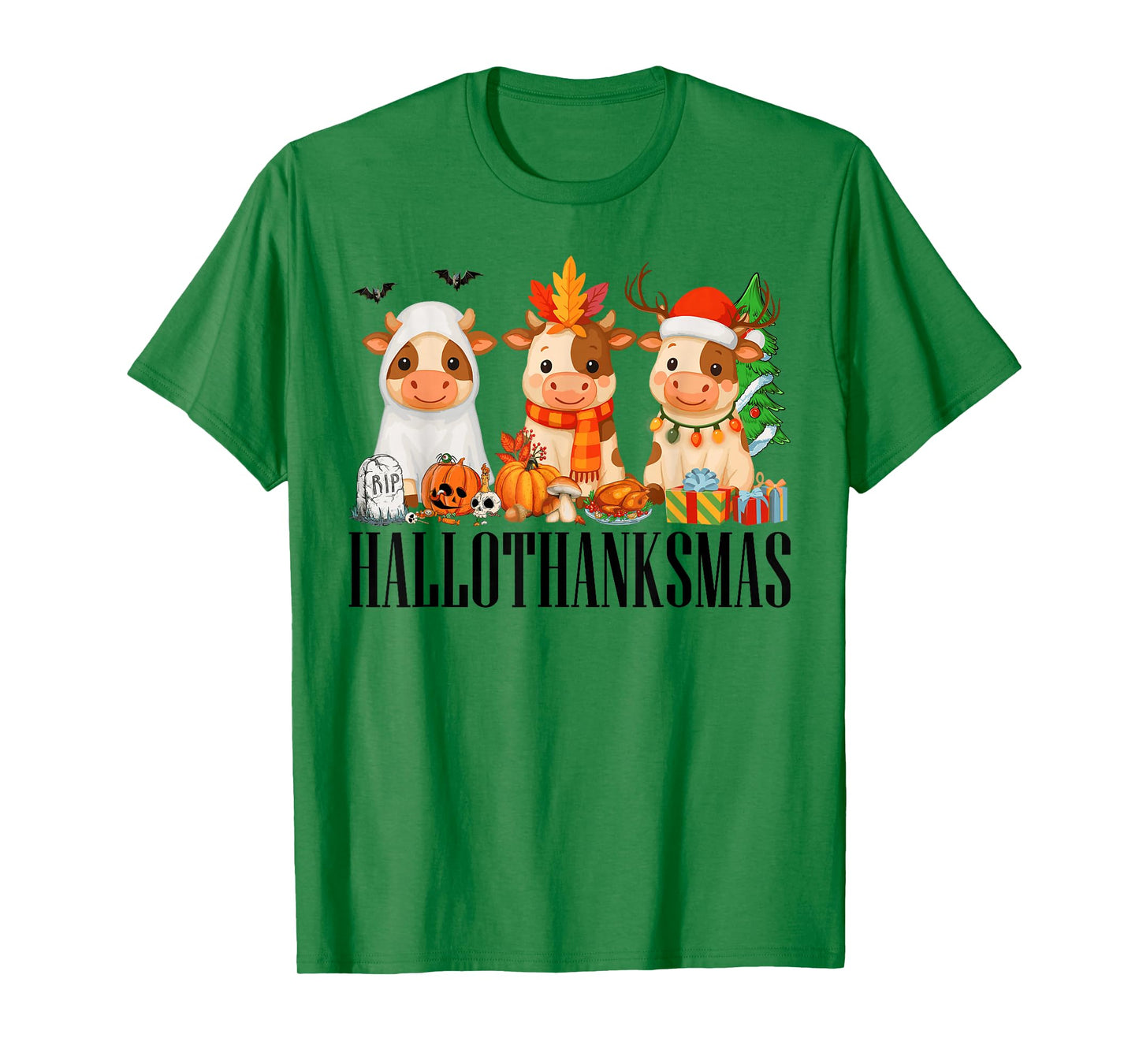 Happy Hallothanksmas Halloween Thanksgiving Christmas Cows T-Shirt