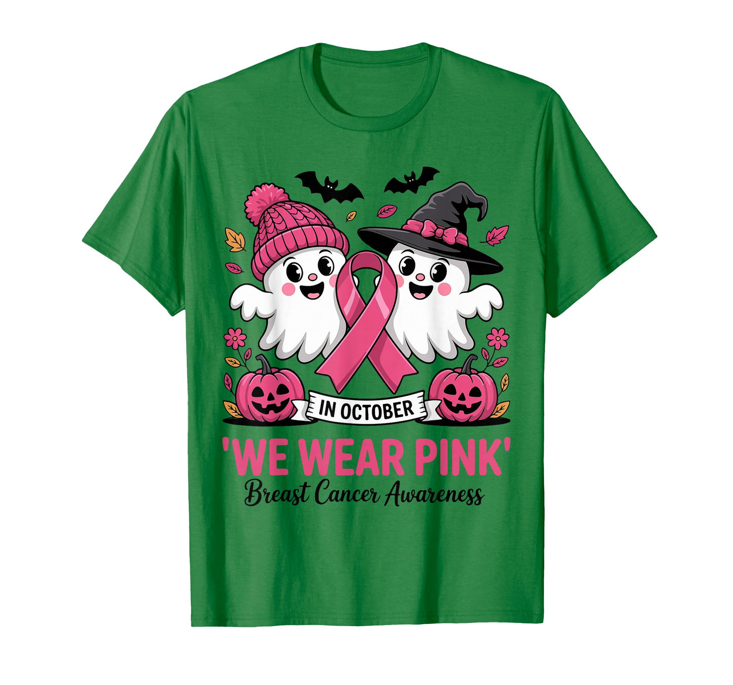 in October We Wear Pink Ghost Witch Breast Cancer Awareness T-Shirt