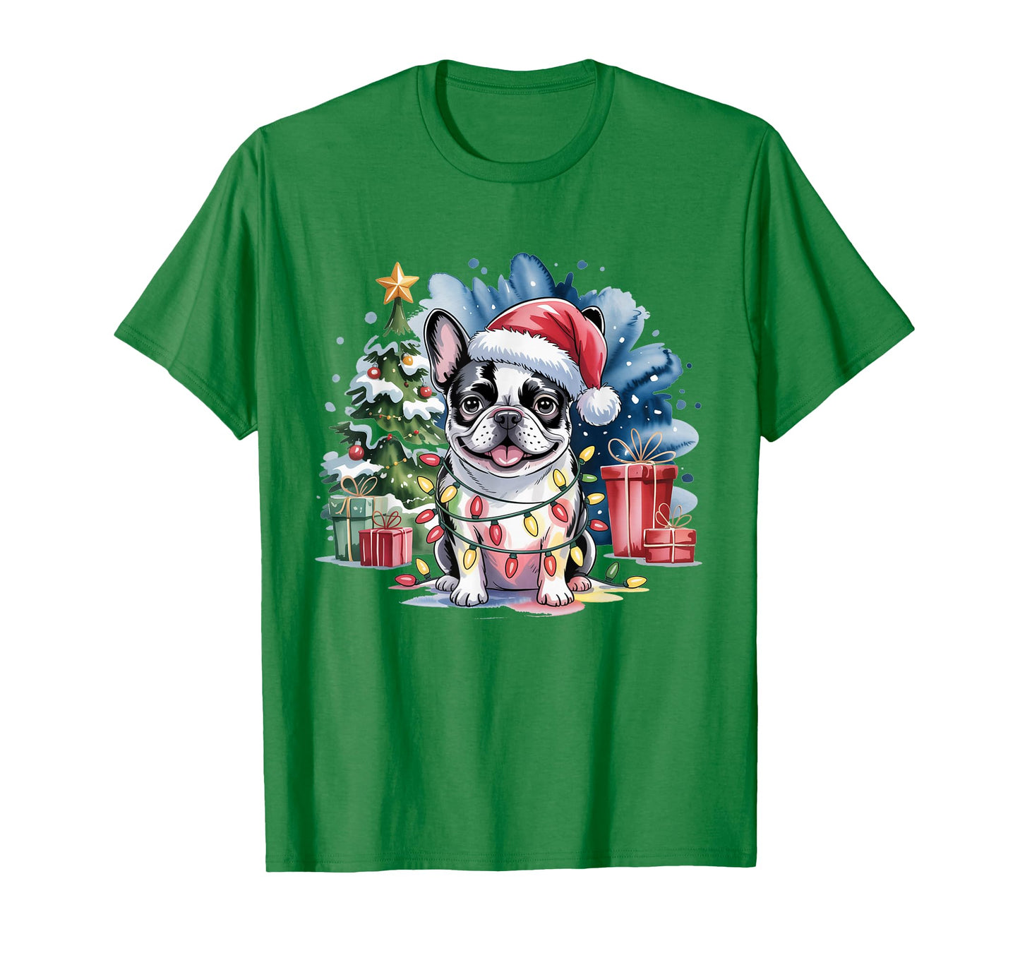Cute Festive French Bulldog Christmas Santa Hat and Lights T-Shirt