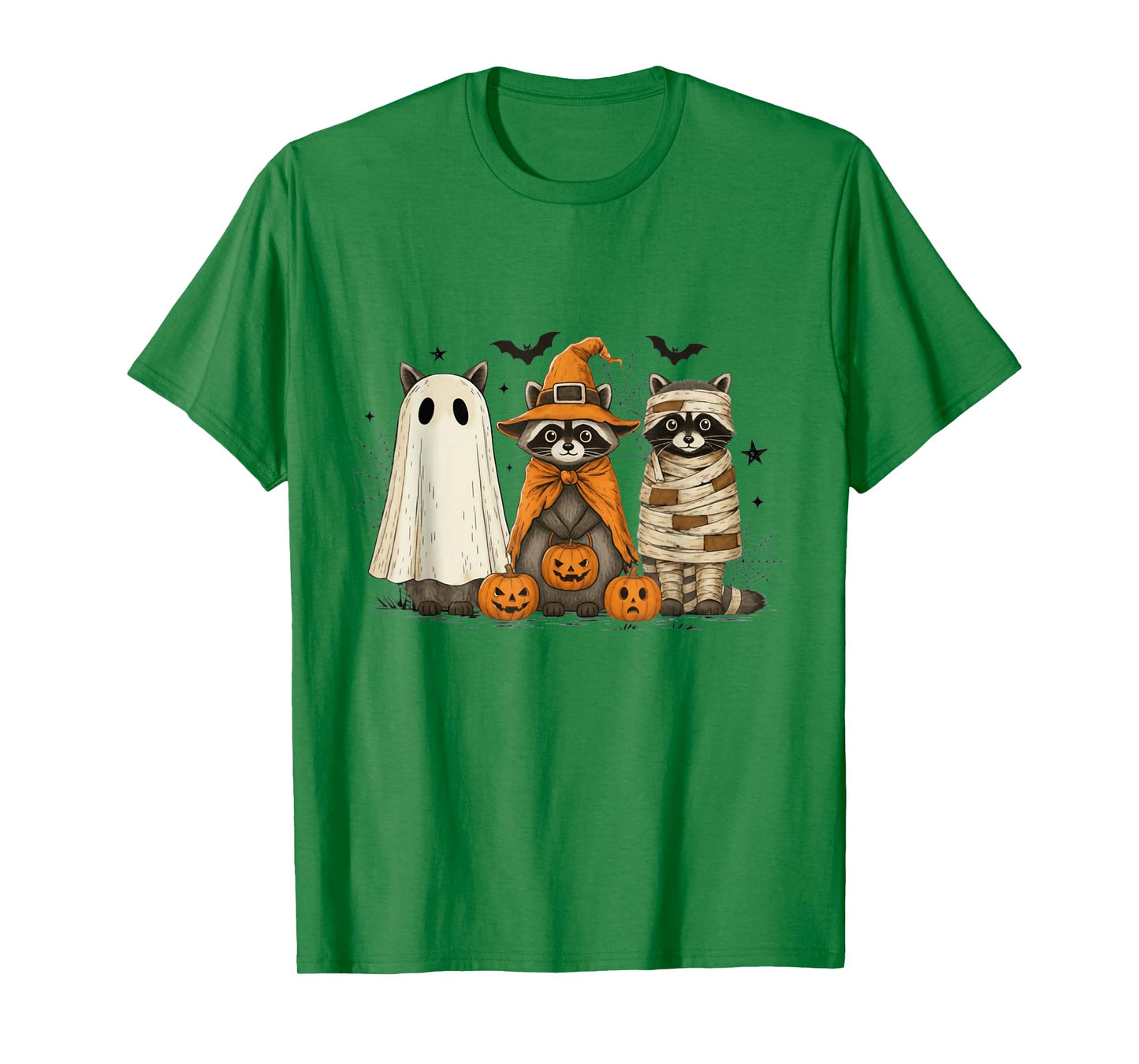 Retro Raccoon Witch Scary Halloween Pumpkin Men Women Kids T-Shirt