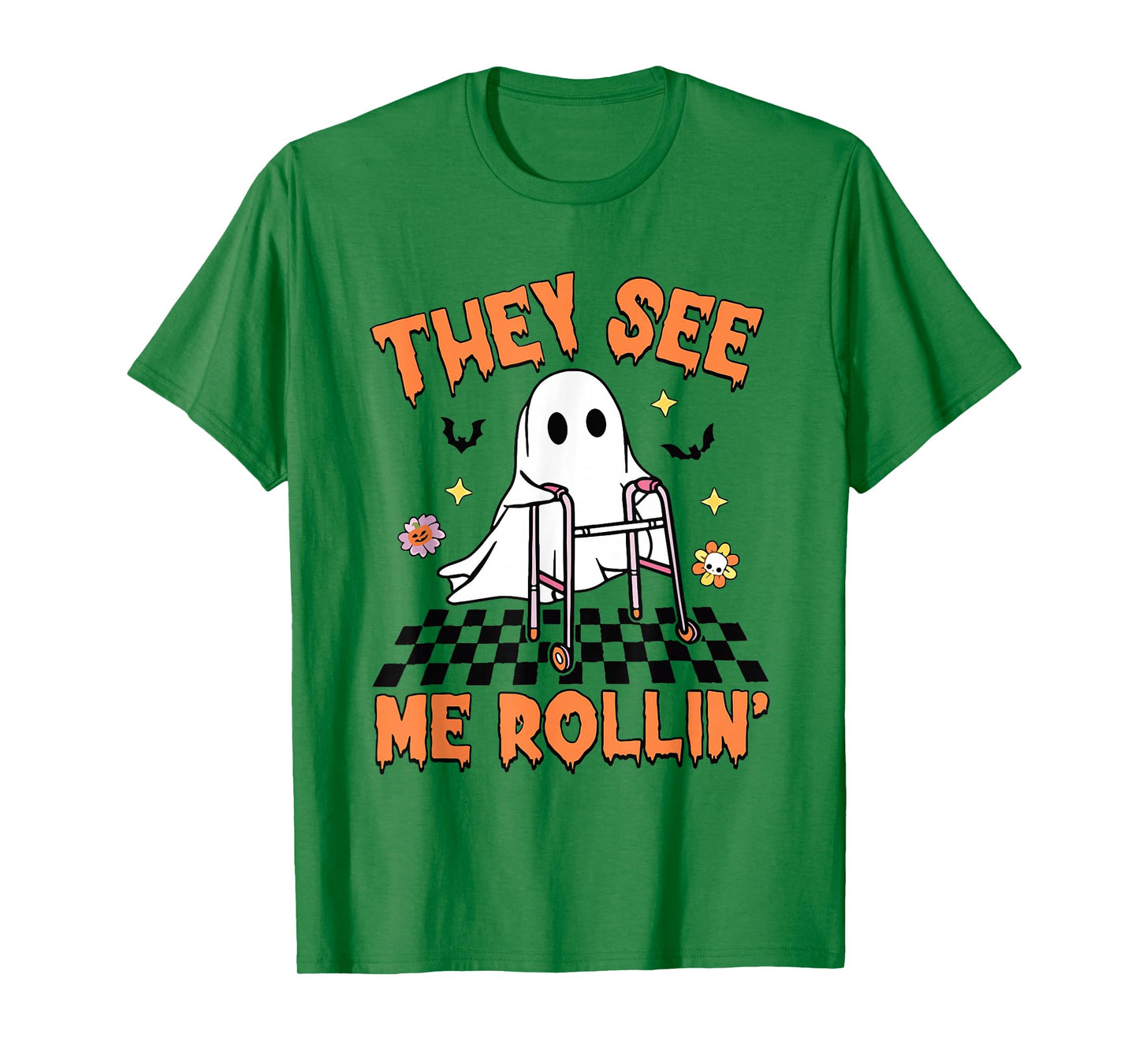 They See Me Rollin' Halloween Checkered Floral Ghost Therapy T-Shirt