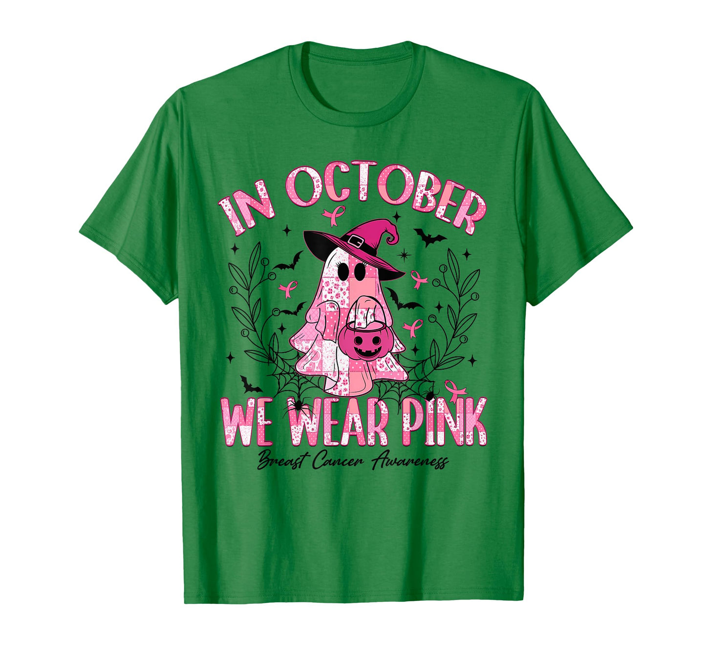 in October We Wear Pink Ghost Witch Breast Cancer Awareness T-Shirt