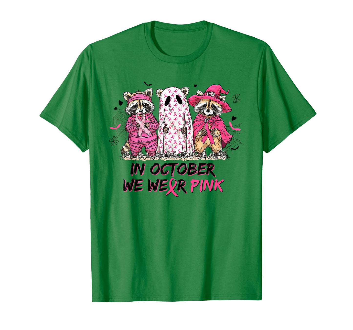in October We Wear Pink Ghost Witch Breast Cancer Raccoons T-Shirt
