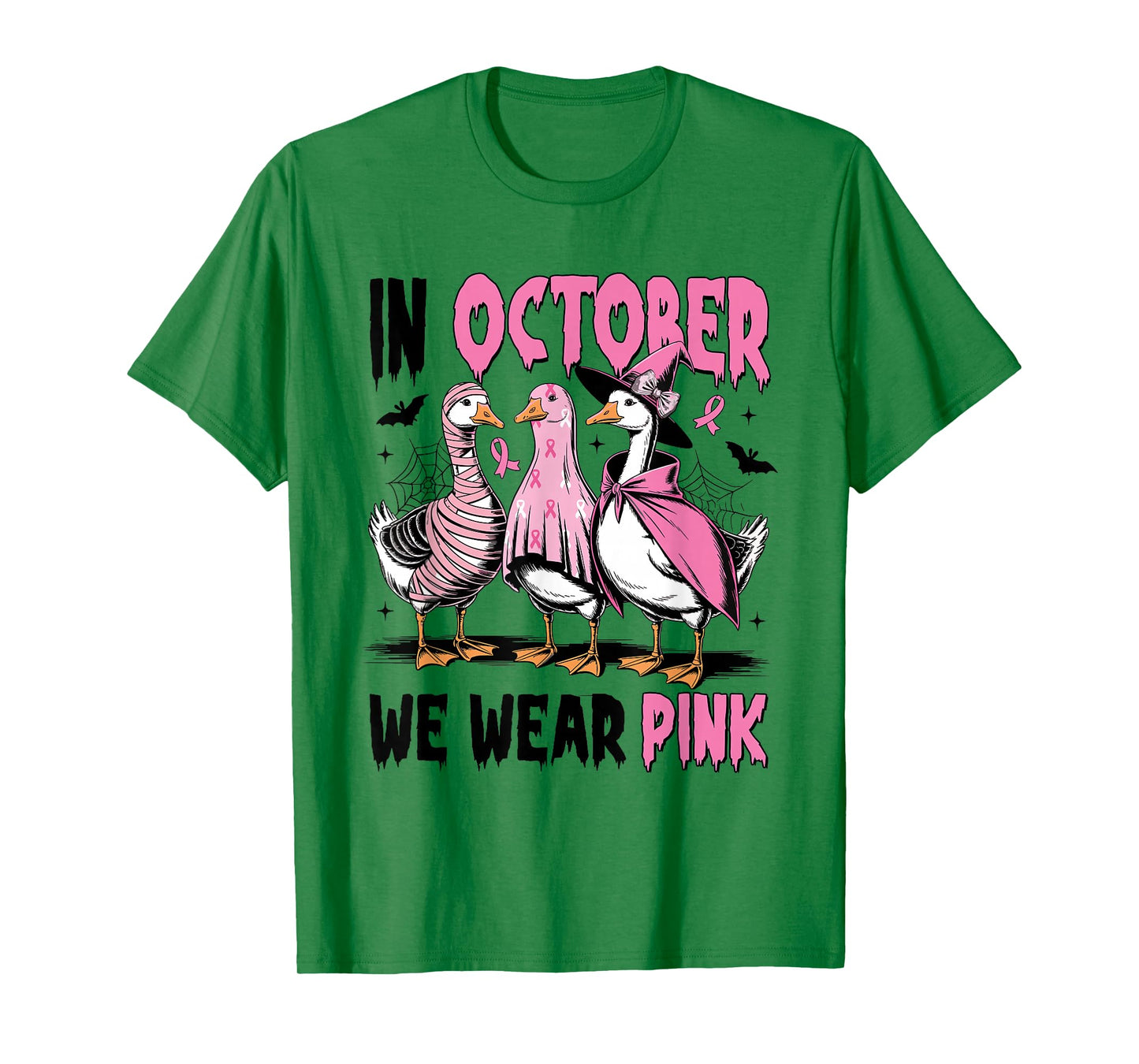 in October We Wear Pink Breast Cancer Halloween Silly Goose T-Shirt