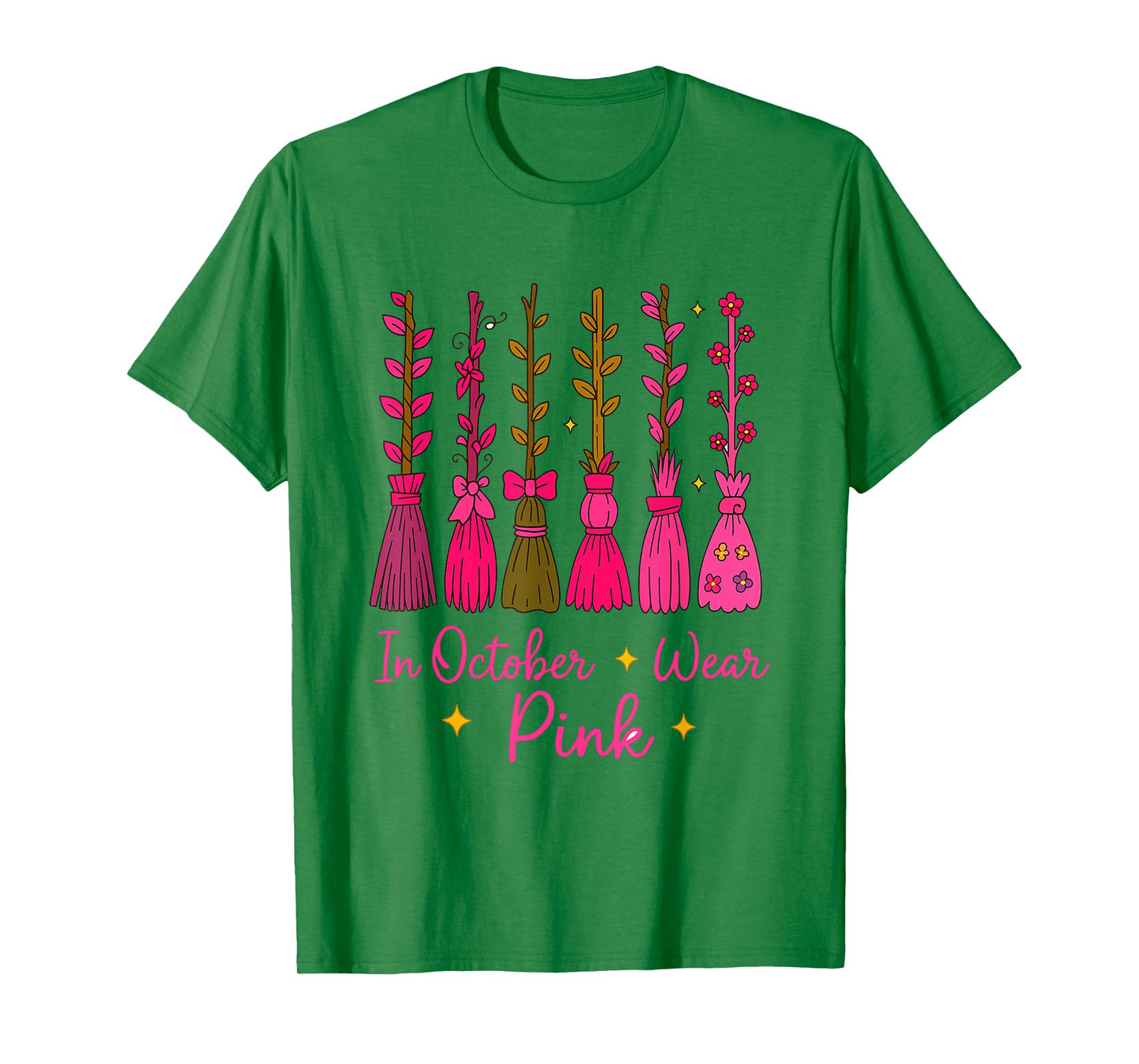 in October We Wear Pink Broom Witch Breast Cancer Awareness T-Shirt