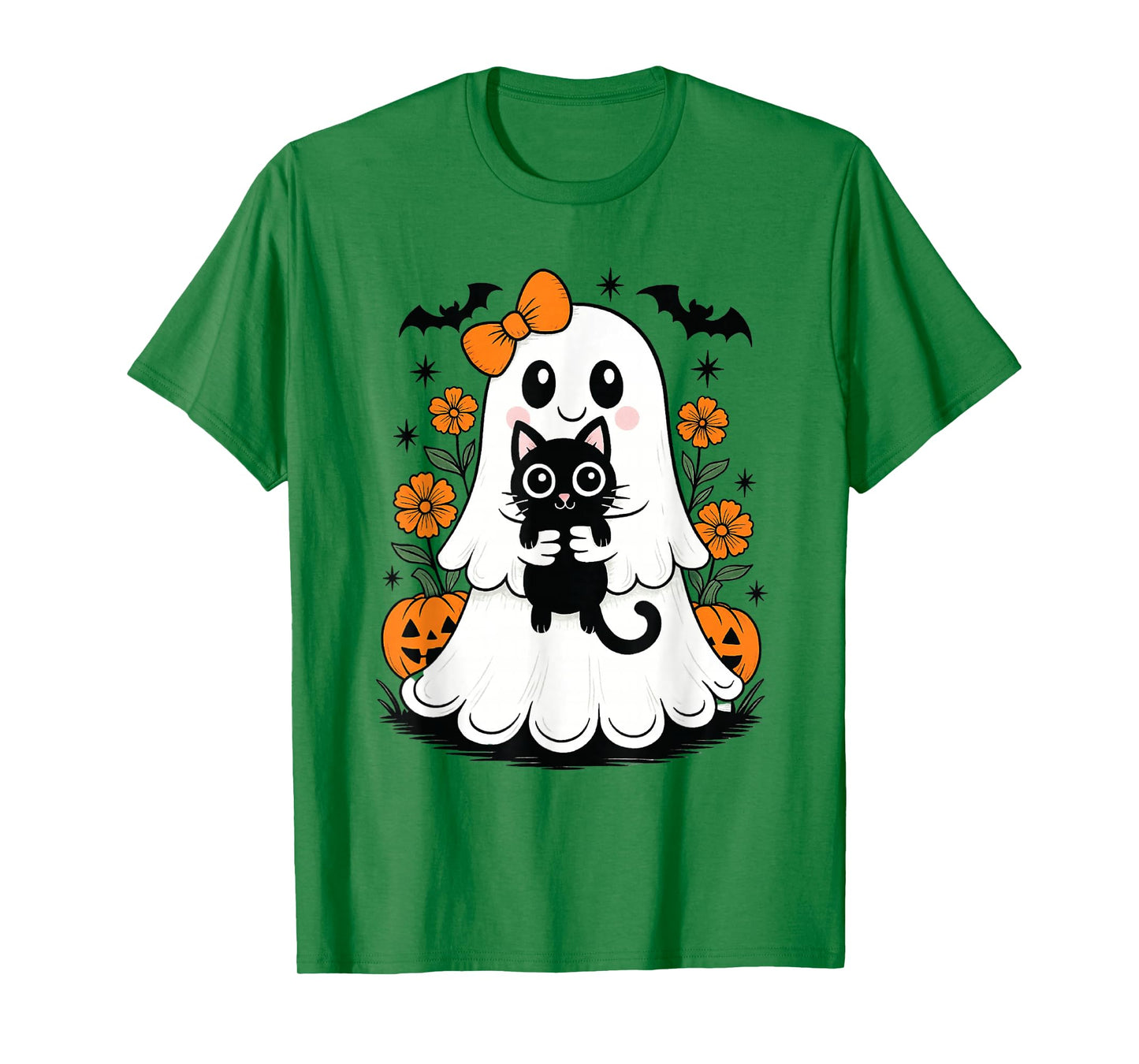 Vintage Halloween Ghost Holding Black Cat Groovy Floral T-Shirt