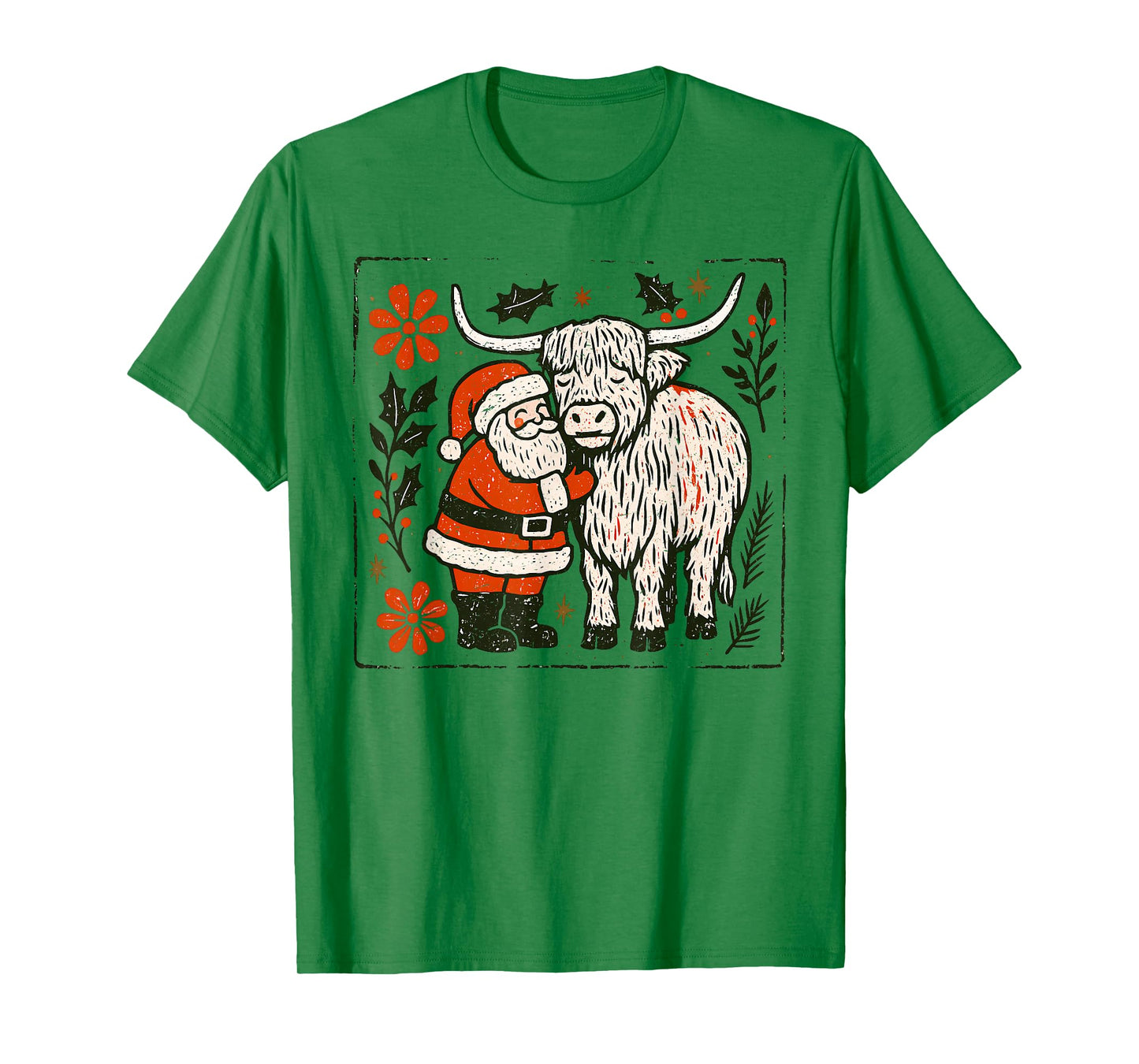 Vintage Highland Cow Santa Christmas Cowgirl Boho Floral T-Shirt