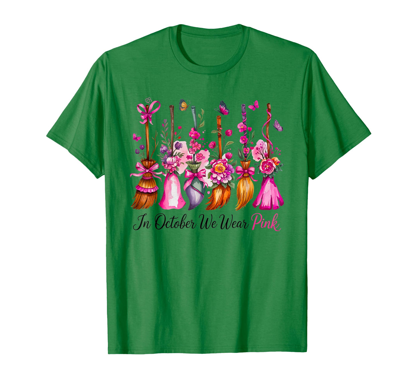 in October We Wear Pink Witch Broom Breast Cancer Awareness T-Shirt