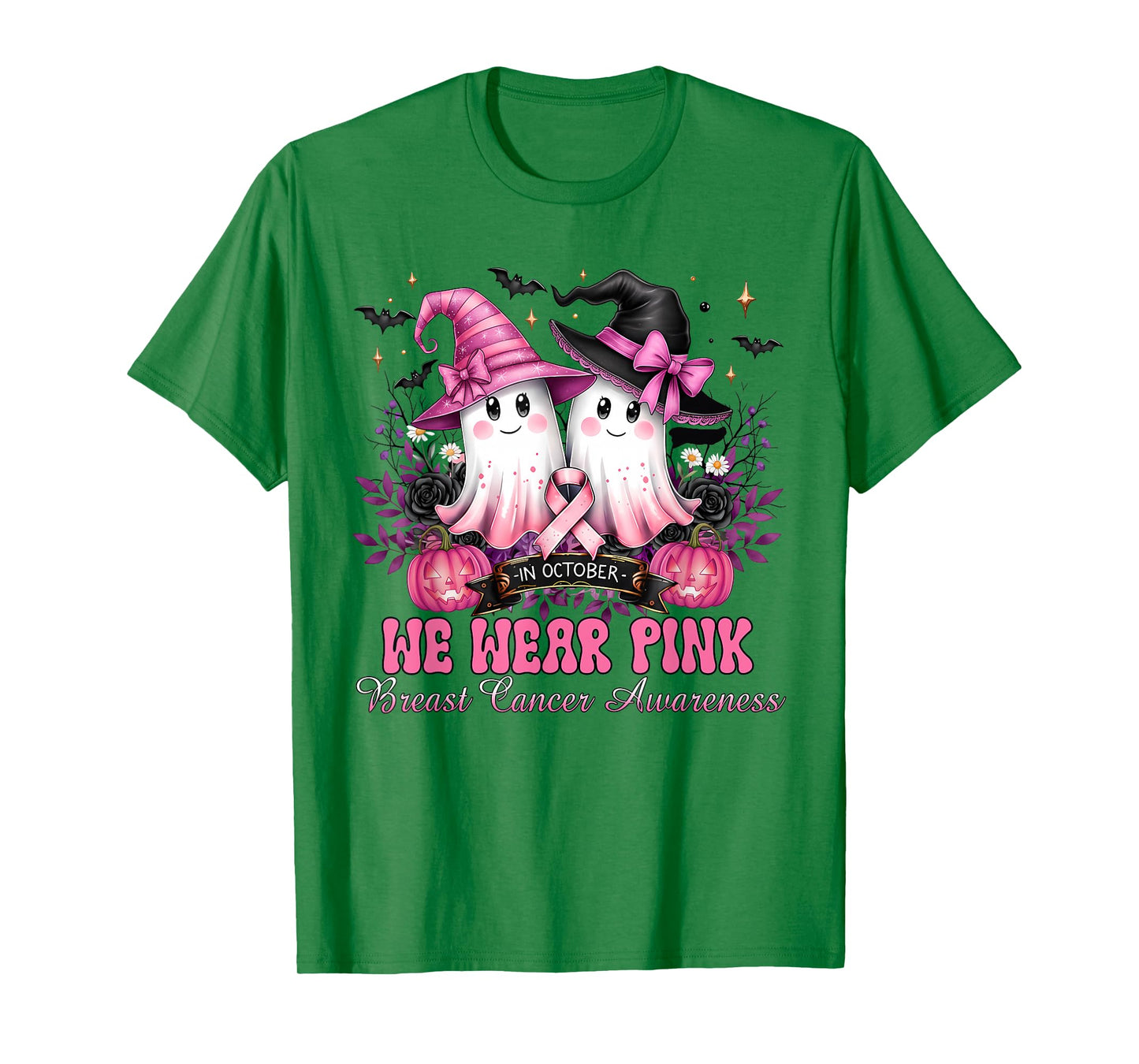 in October We Wear Pink Ghost Witch Breast Cancer Awareness T-Shirt