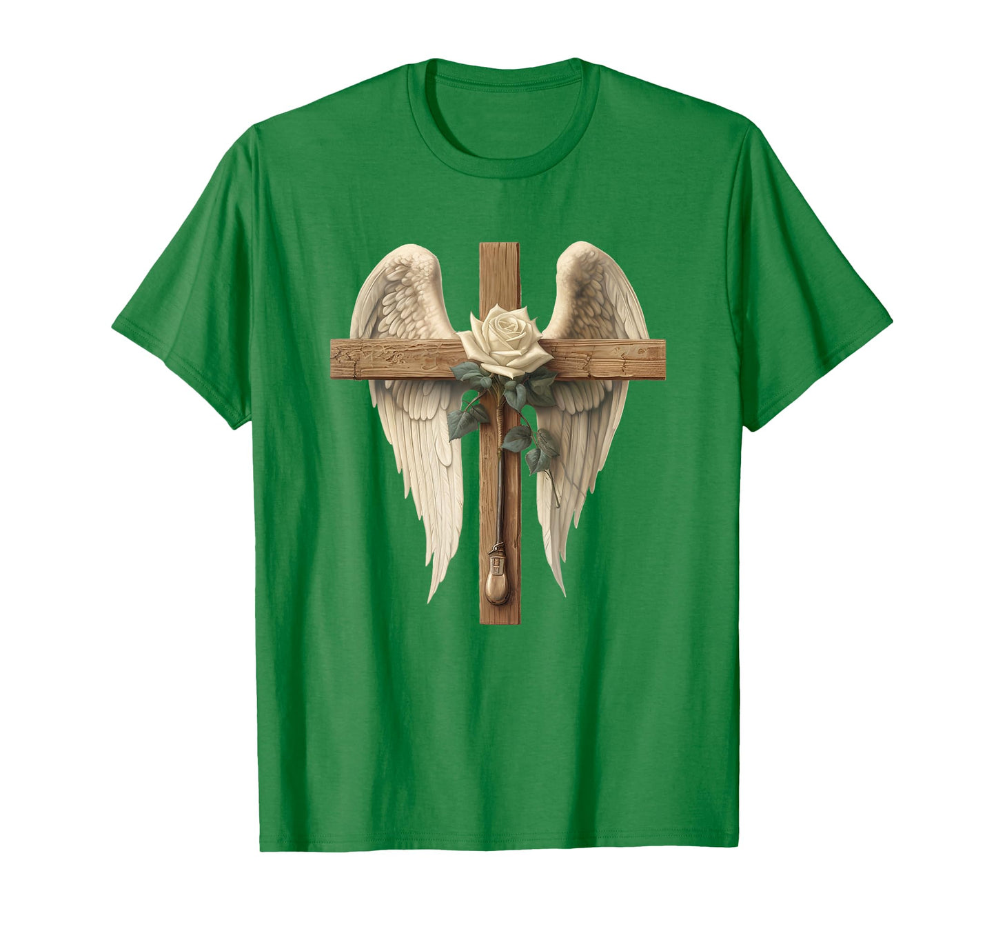 White Rose Flower Christian Cross For Women With Angel Wings T-Shirt