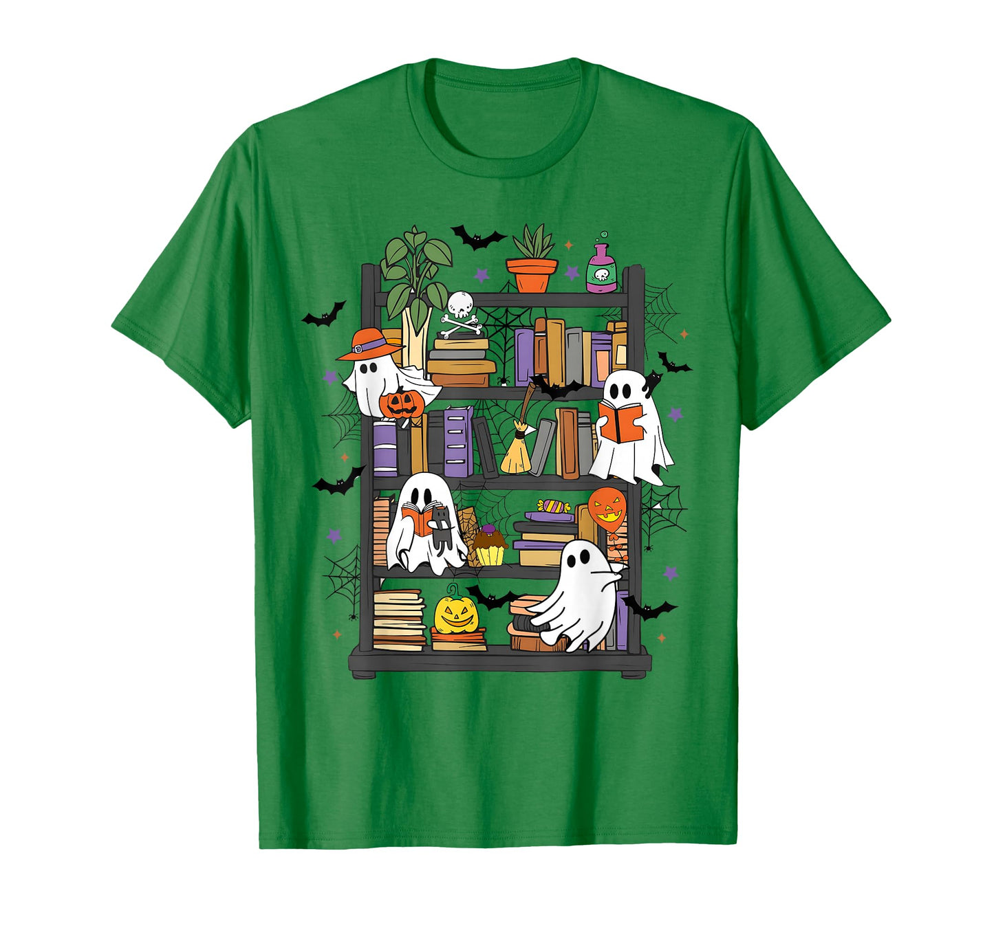 Ghost Reading Books Library Halloween Men Women Kids T-Shirt
