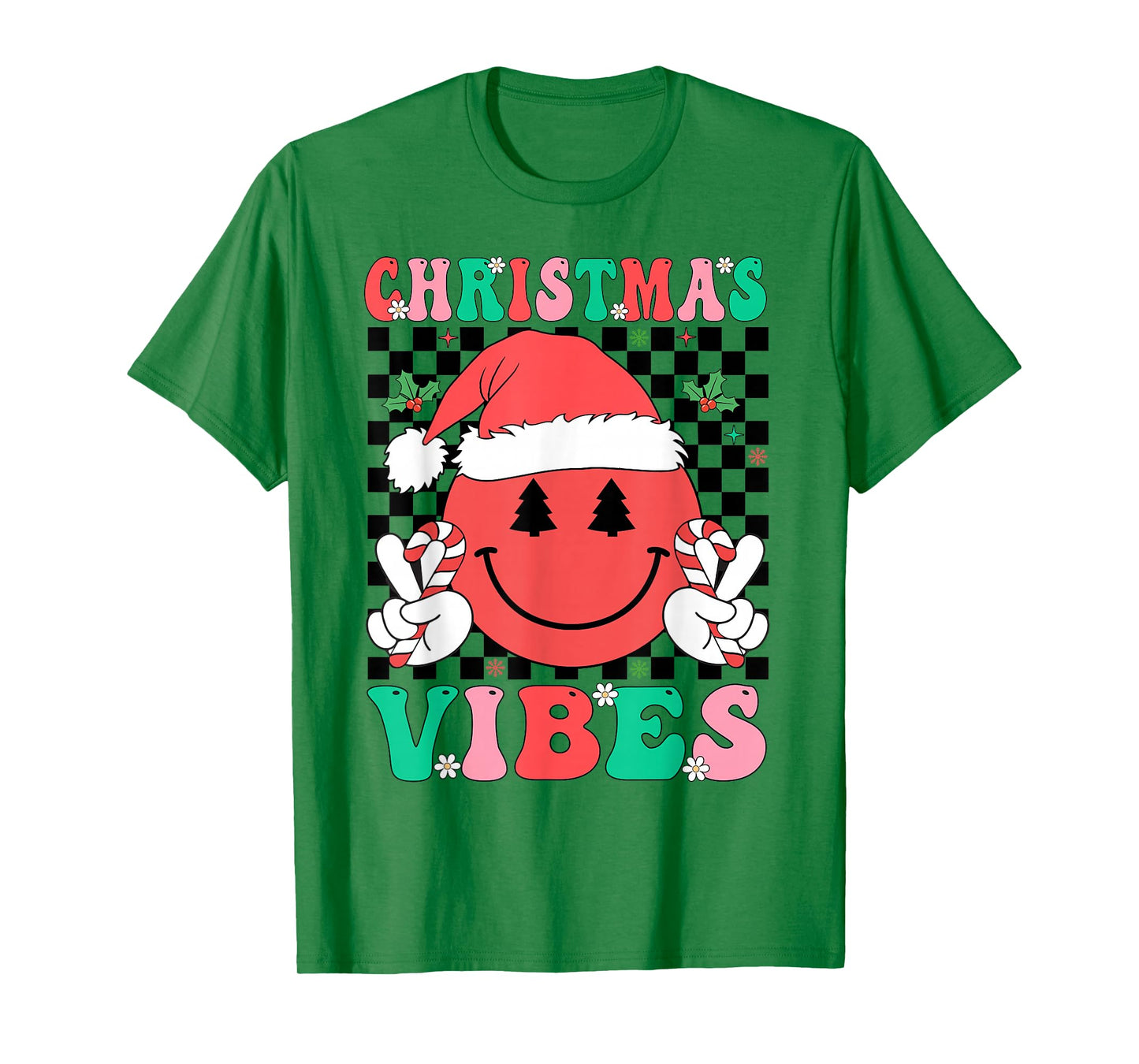 Groovy Christmas Vibes Smile Face Santa Hat Xmas Girls Women T-Shirt