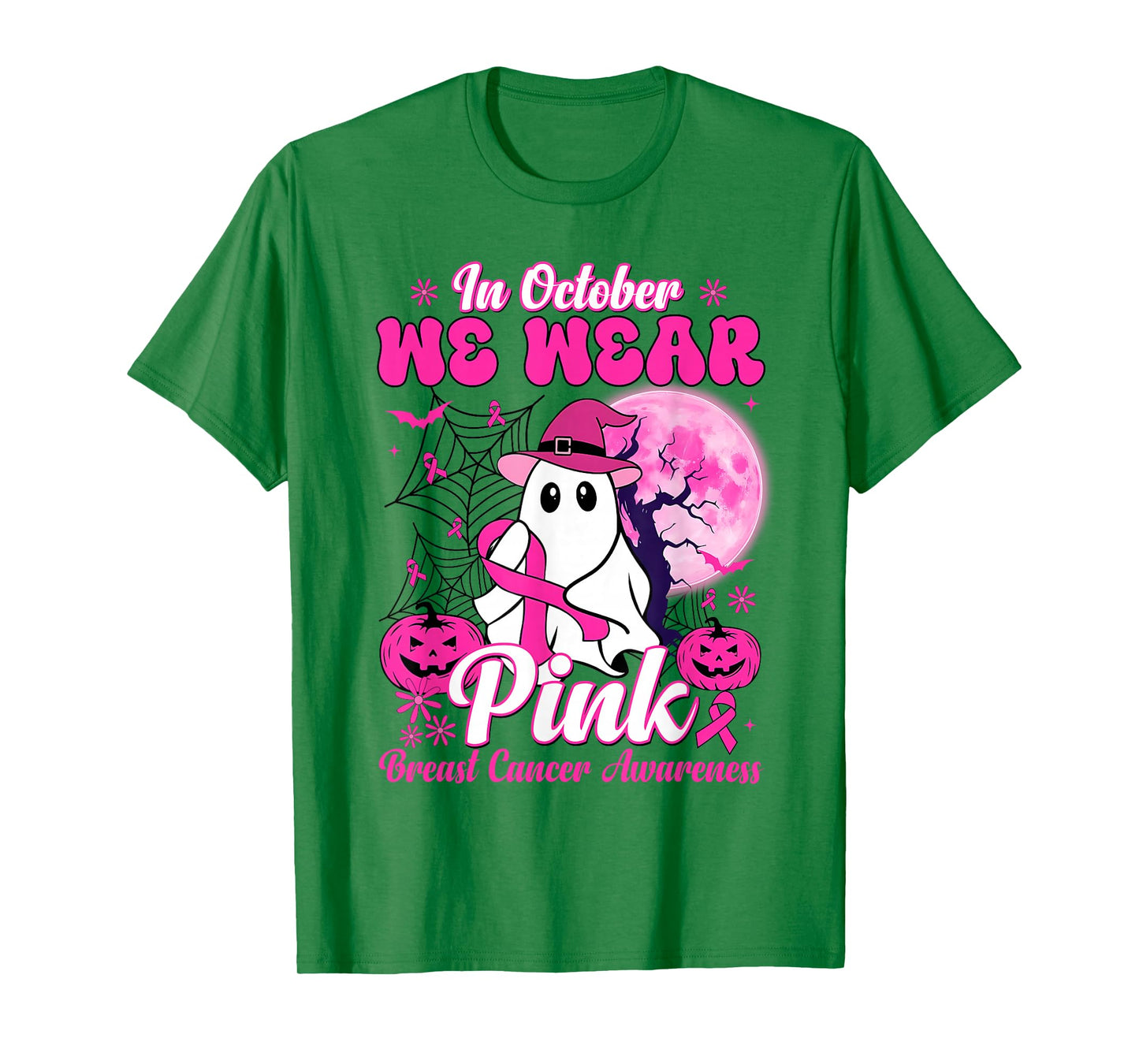in October We Wear Pink Ghost Witch Breast Cancer Awareness T-Shirt