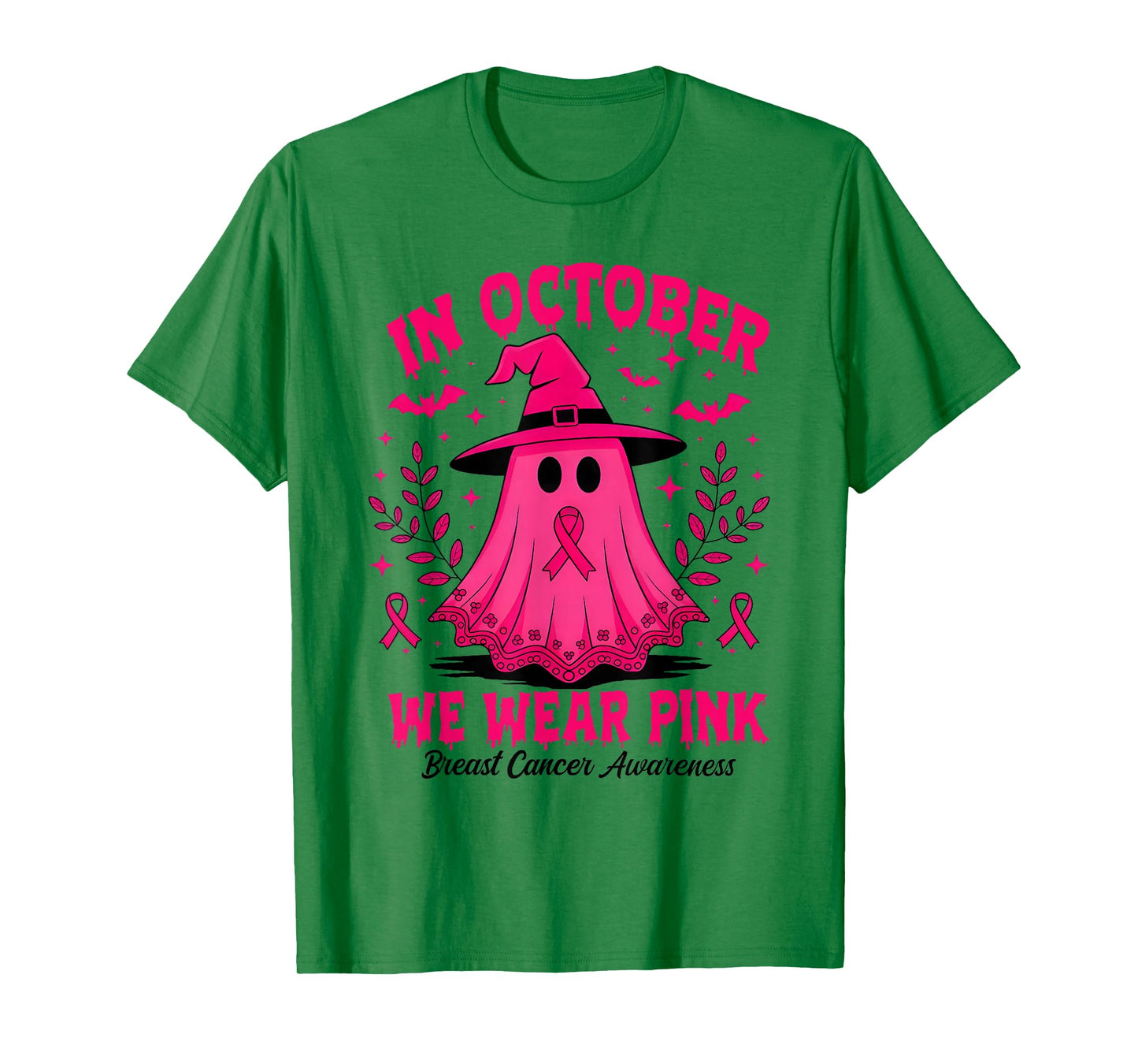 in October We Wear Pink Ghost Witch Breast Cancer Awareness T-Shirt