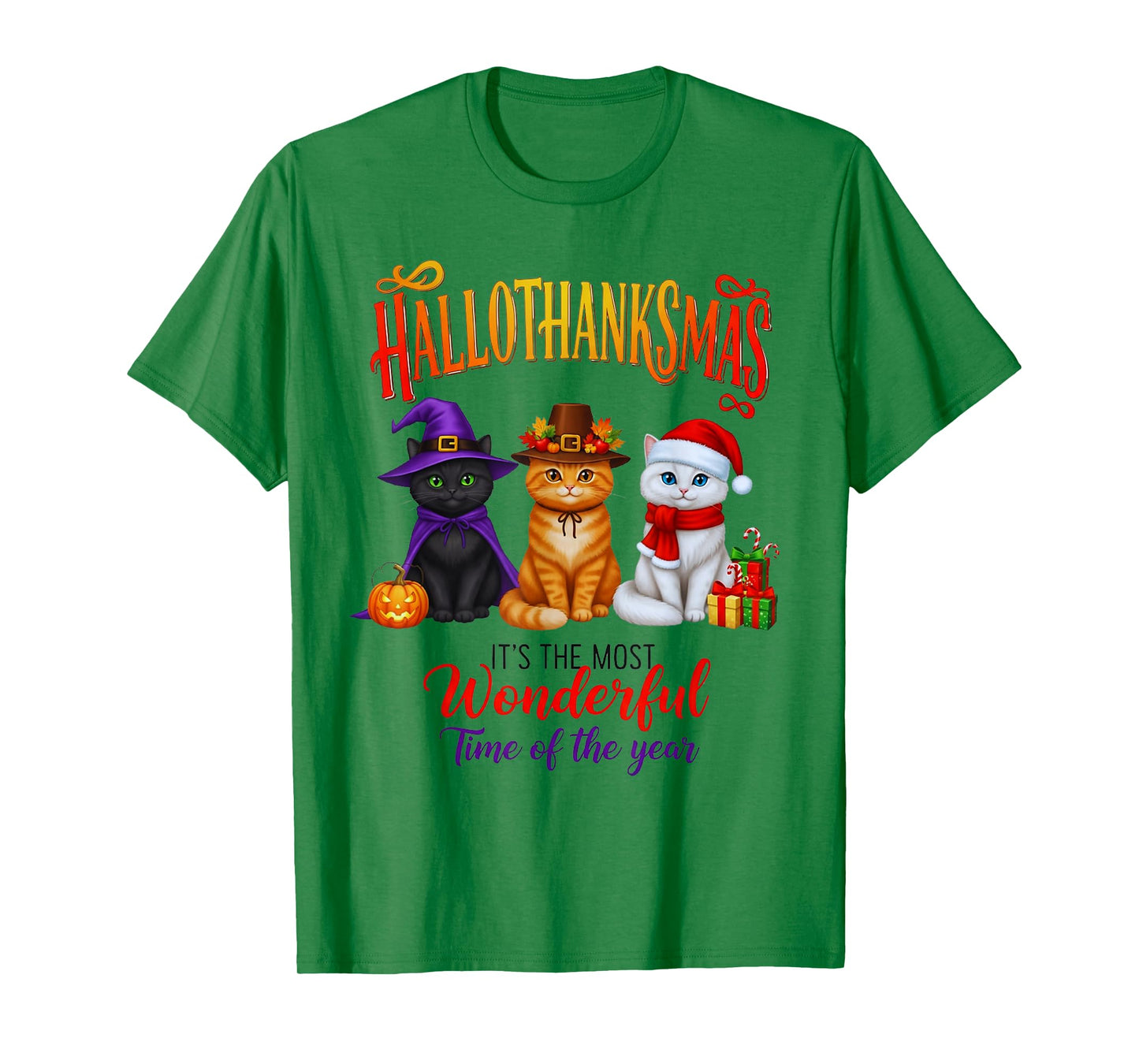 Halloween Thanksgiving Christmas Happy HalloThanksMas Cats T-Shirt