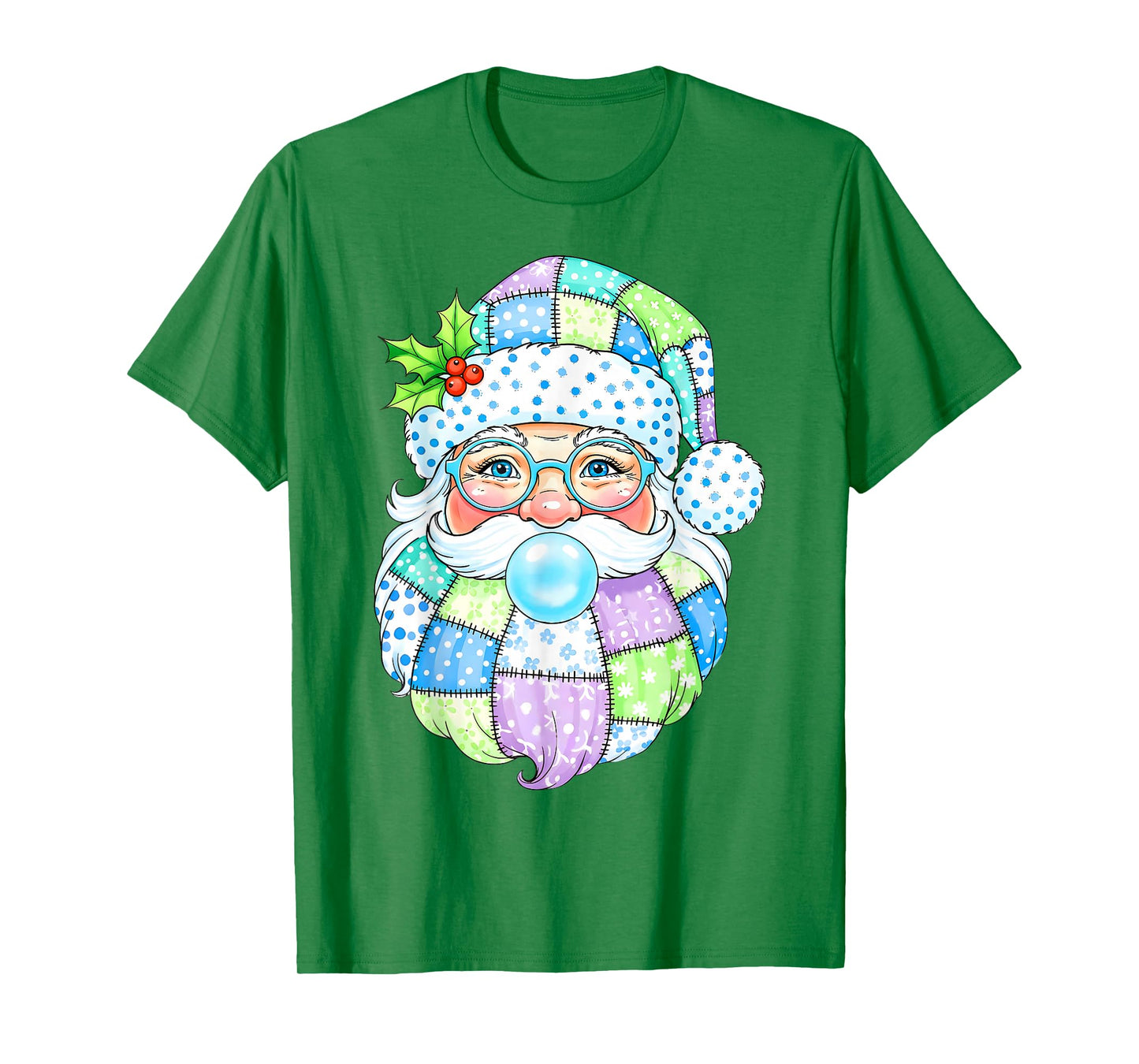 Patchwork Santa Claus Blowing Bubble Gum Girly Christmas Kid T-Shirt