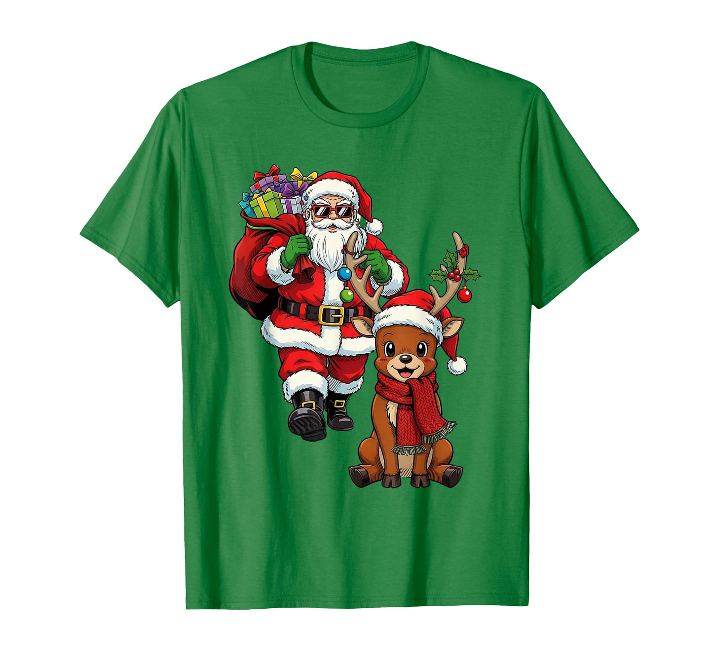 Santa Claus with Reindeer and Gifts Cool Christmas T-Shirt