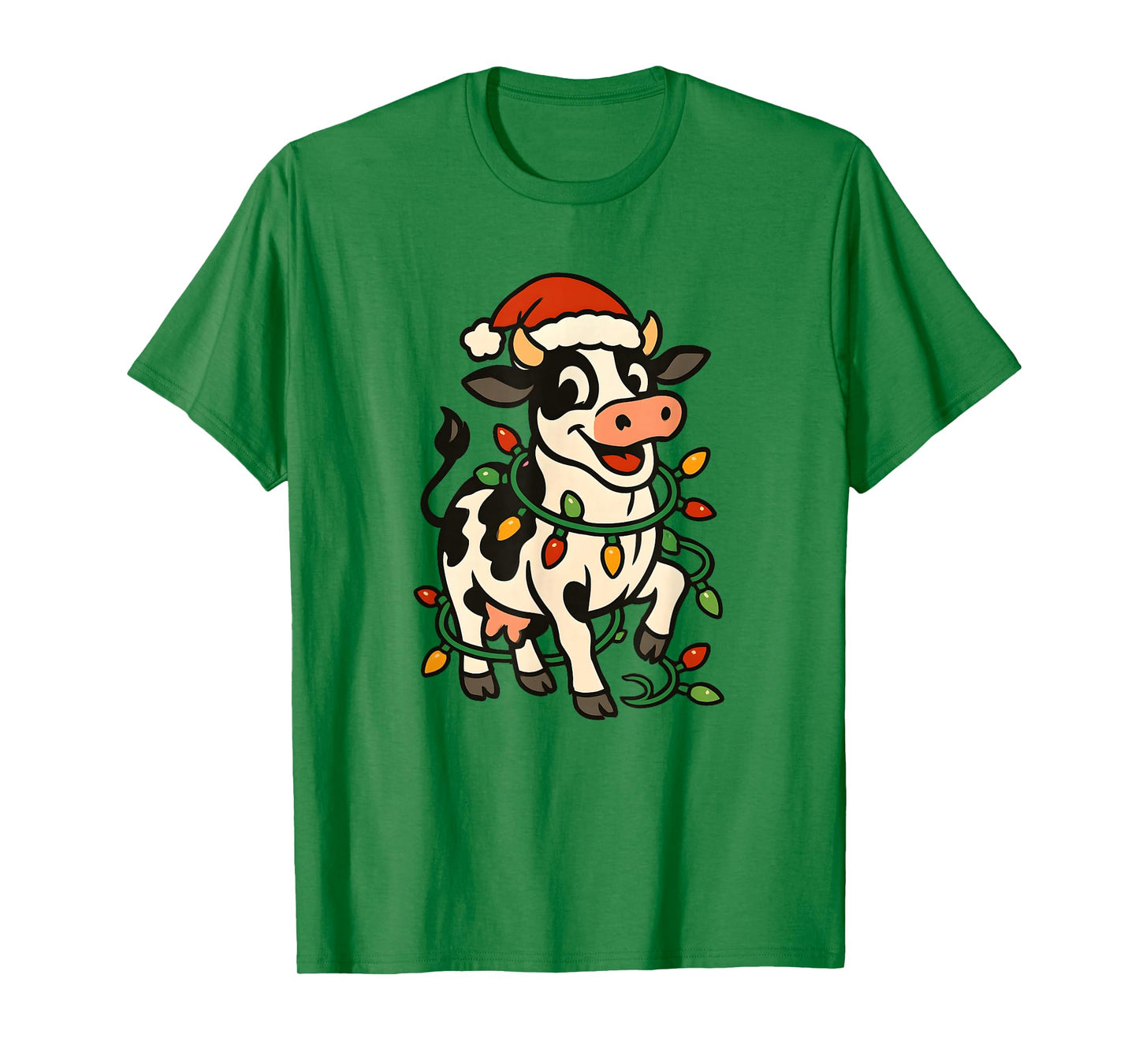 Christmas Holstein Cow Lights Santa Hat Black White Funny T-Shirt
